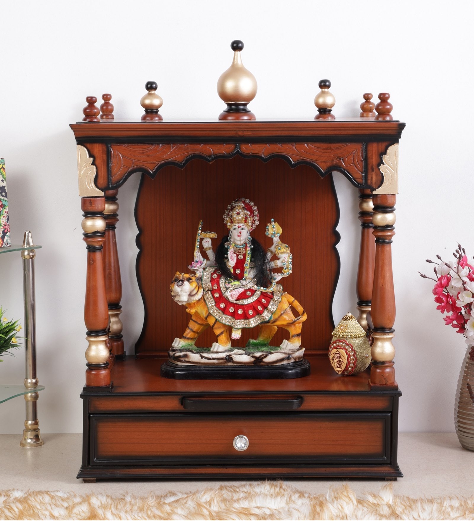 Agastya Solid Wood Home Temple In Brown Gold