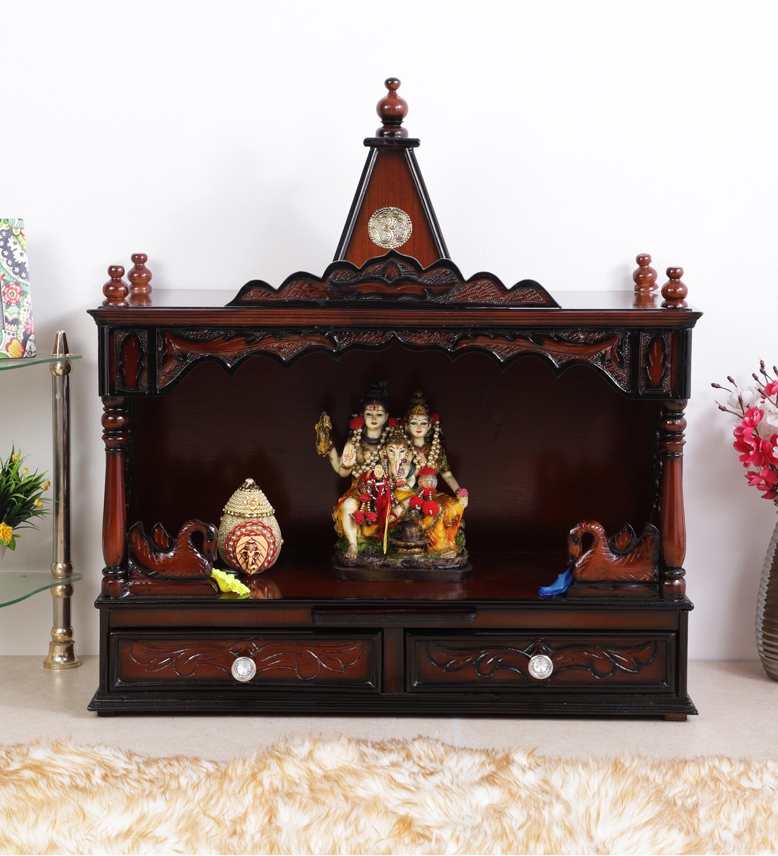 Brown Teak Wood Floor Rested Mandir Without Door