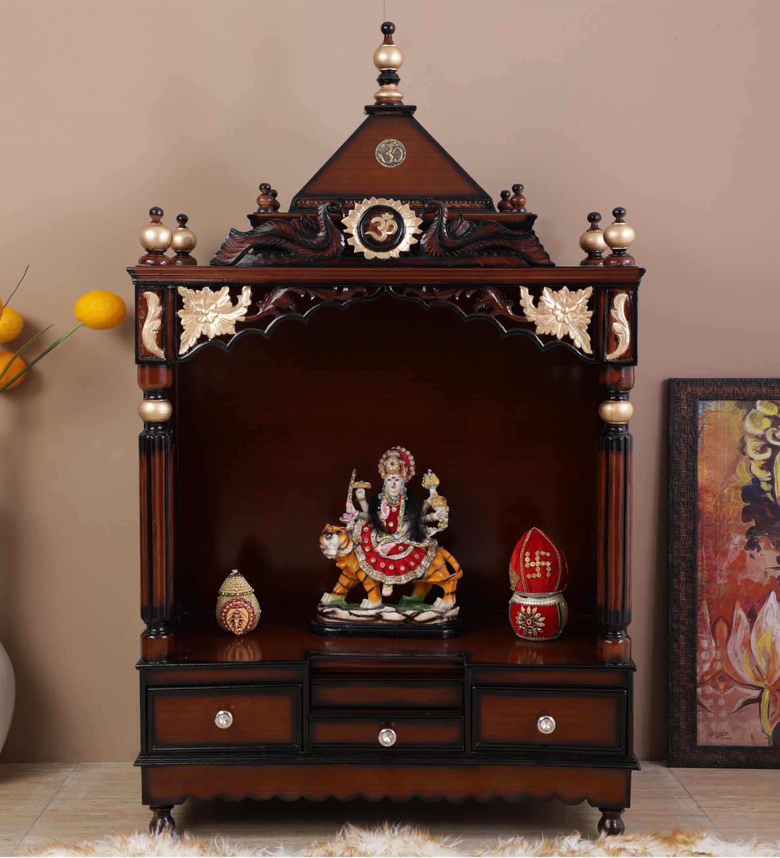 Brown Teak Wood Floor Rested Mandir Without Door