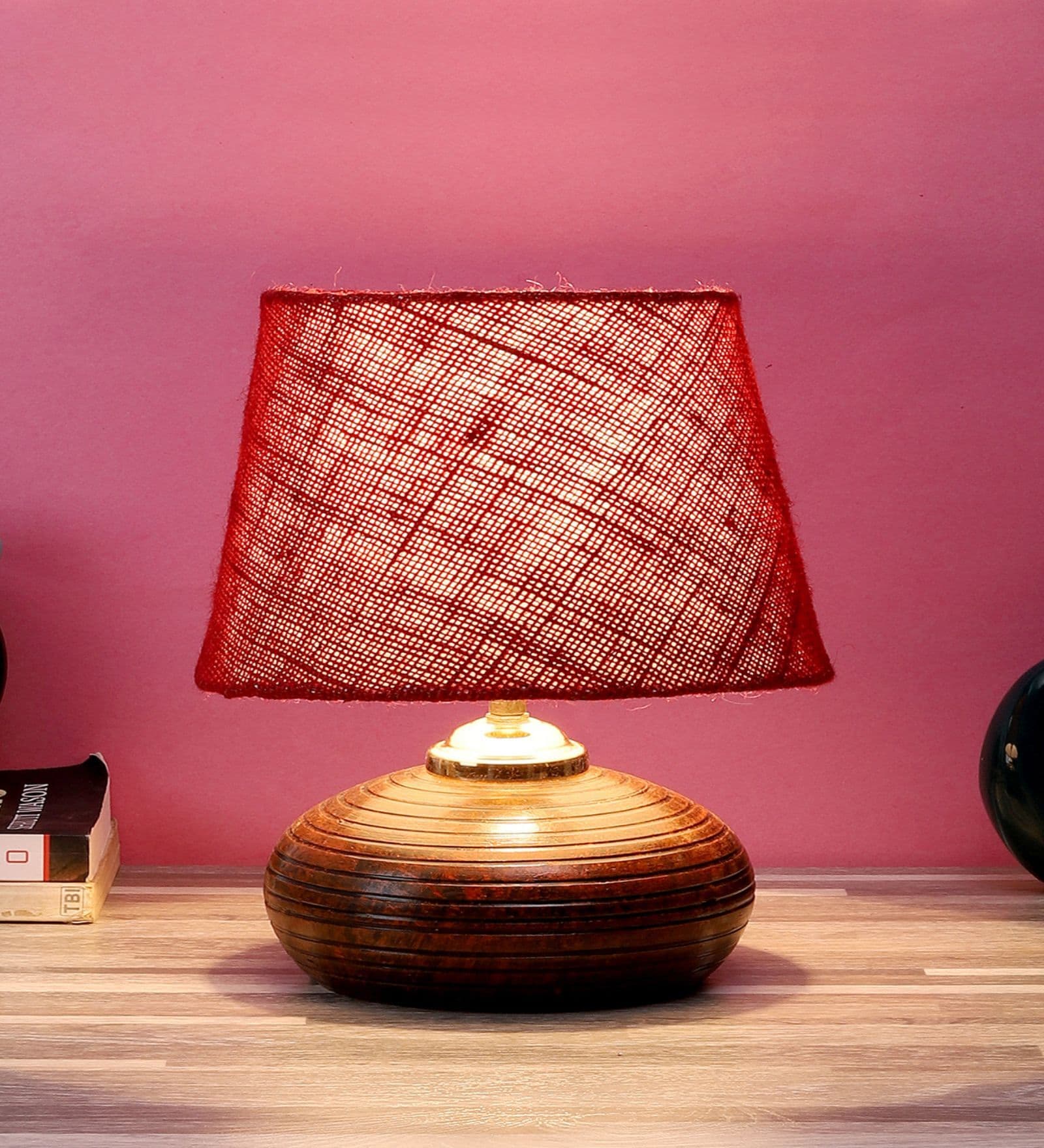 Brown Terracotta & Natural Fiber Maroon  Colour Table Lamp
