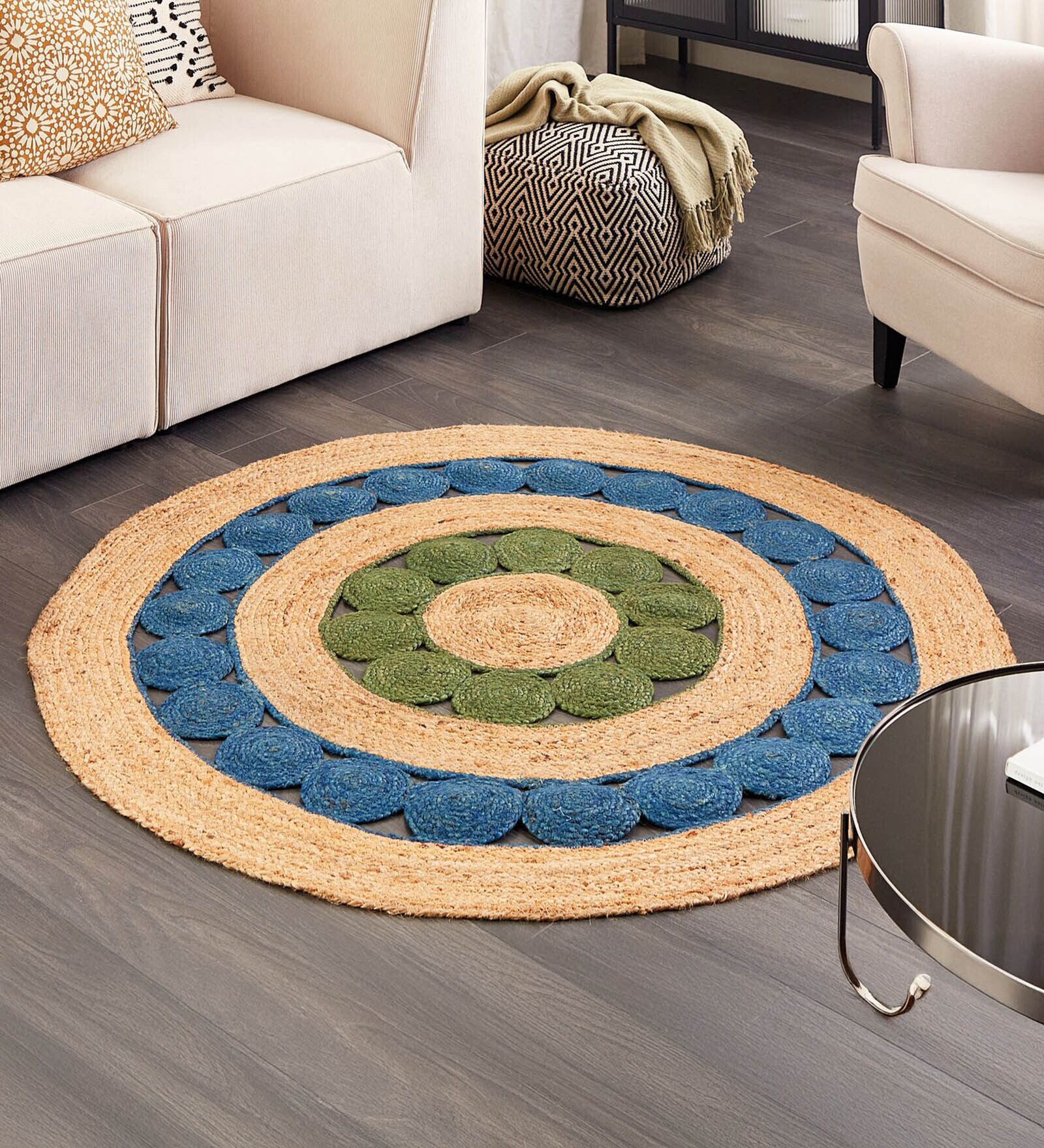 Brown Tradiional Jute 3 Ft X 3 Ft Hand Woven Dhurrie