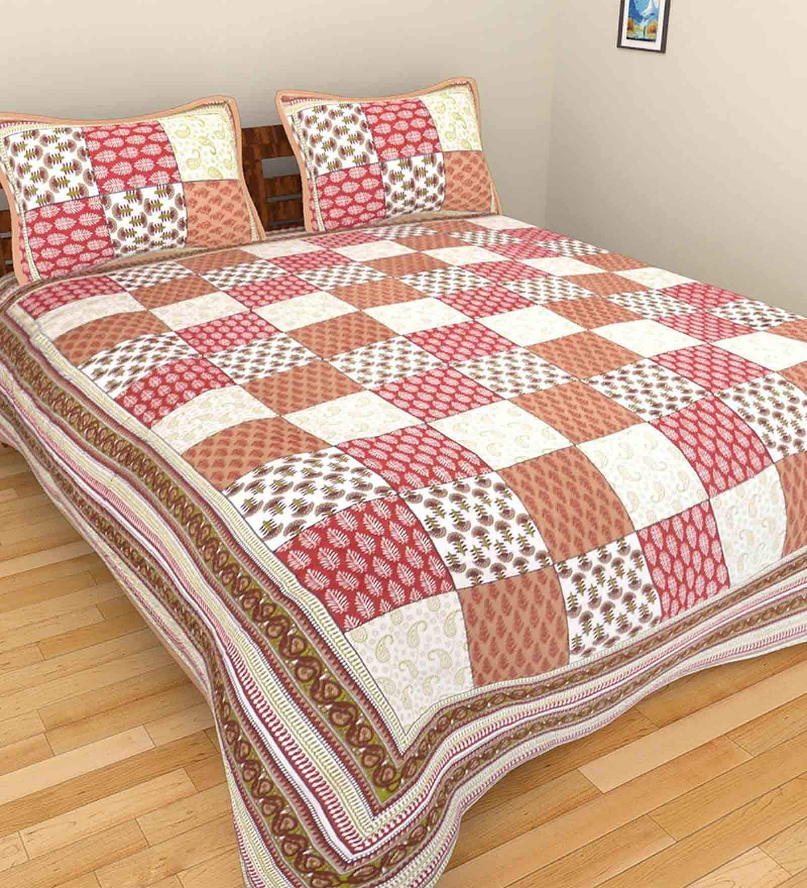 Brown Traditional 120 TC 100% Cotton Queen Bedsheet With 2 Pillow Covers