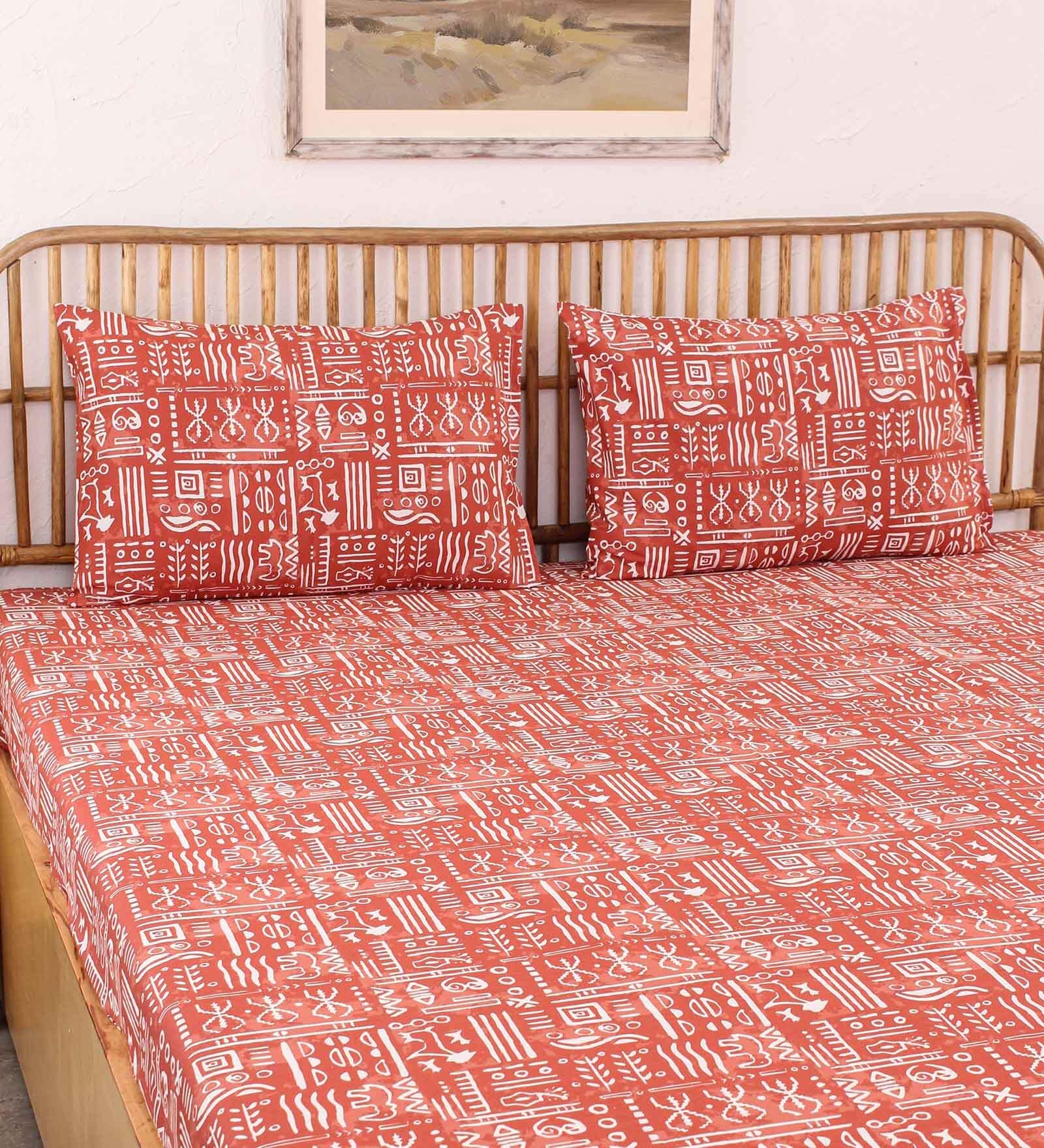 Brown Traditional 144 TC Cotton 1 Double Bedsheet with 2 Pillow Cover
