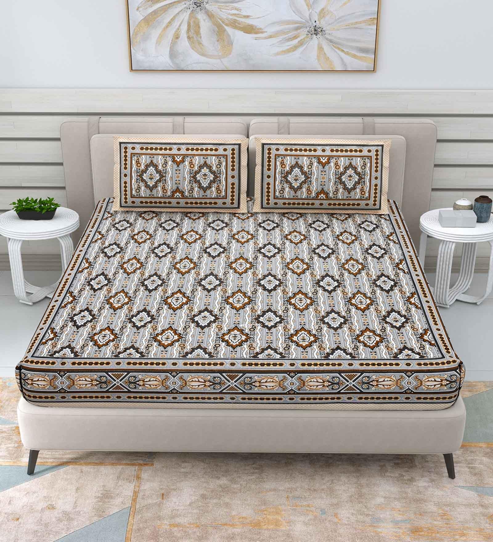 Brown Traditional 144 TC Cotton Double Queen Bedsheet With 2 Pillow Covers