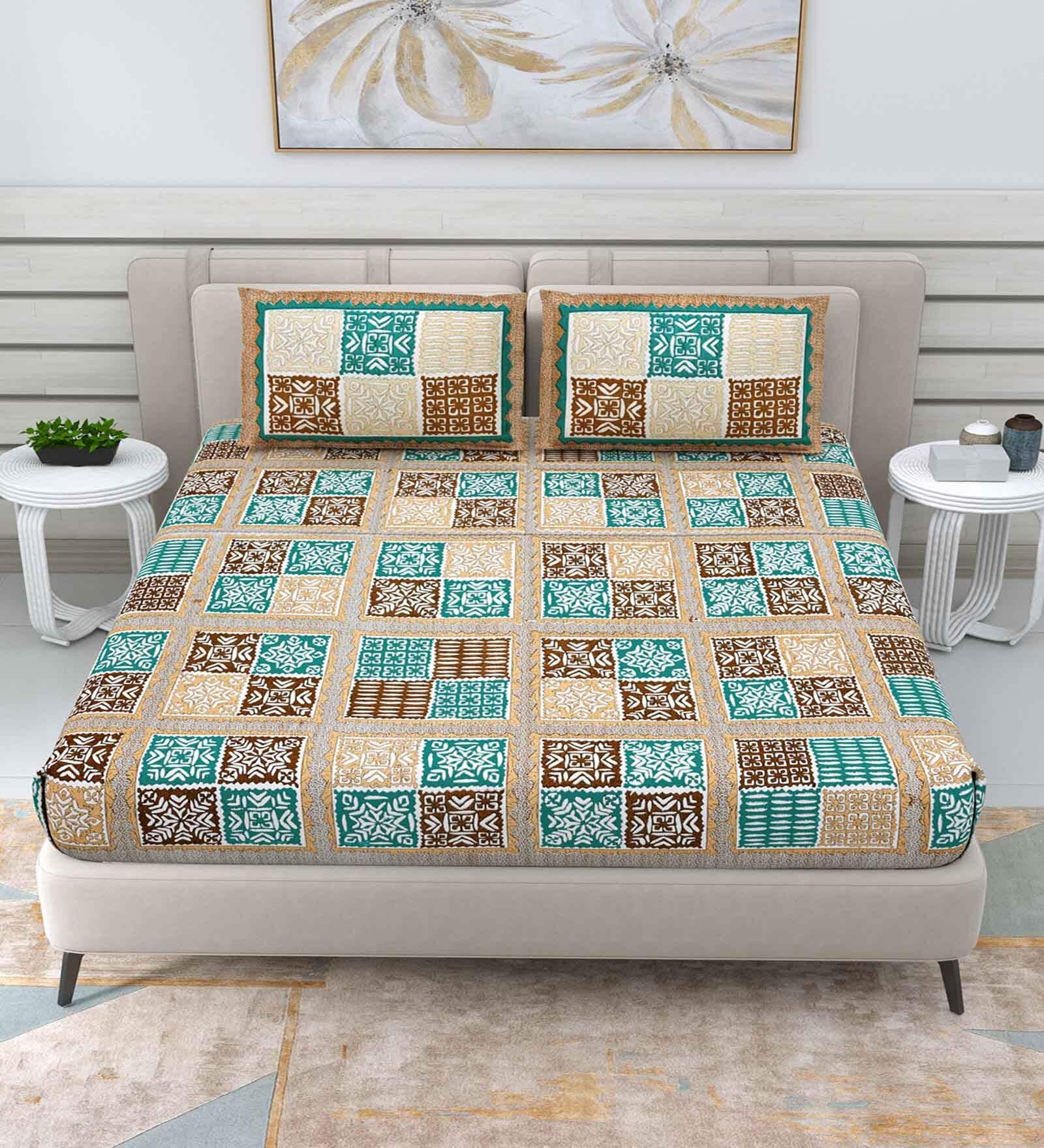 Brown Traditional 144 TC Cotton Double Queen Bedsheet With 2 Pillow Covers