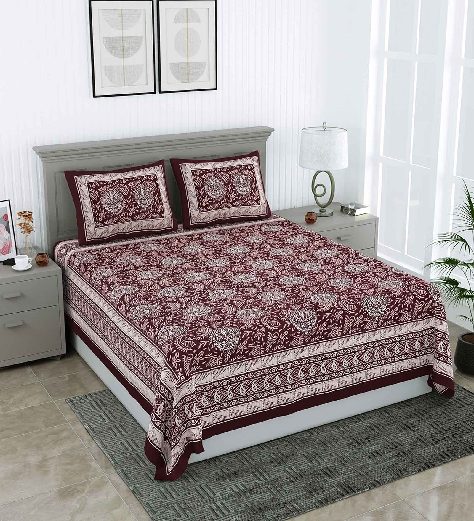 Brown Traditional 144 TC Cotton Double Queen Bedsheet With 2 Pillow Covers