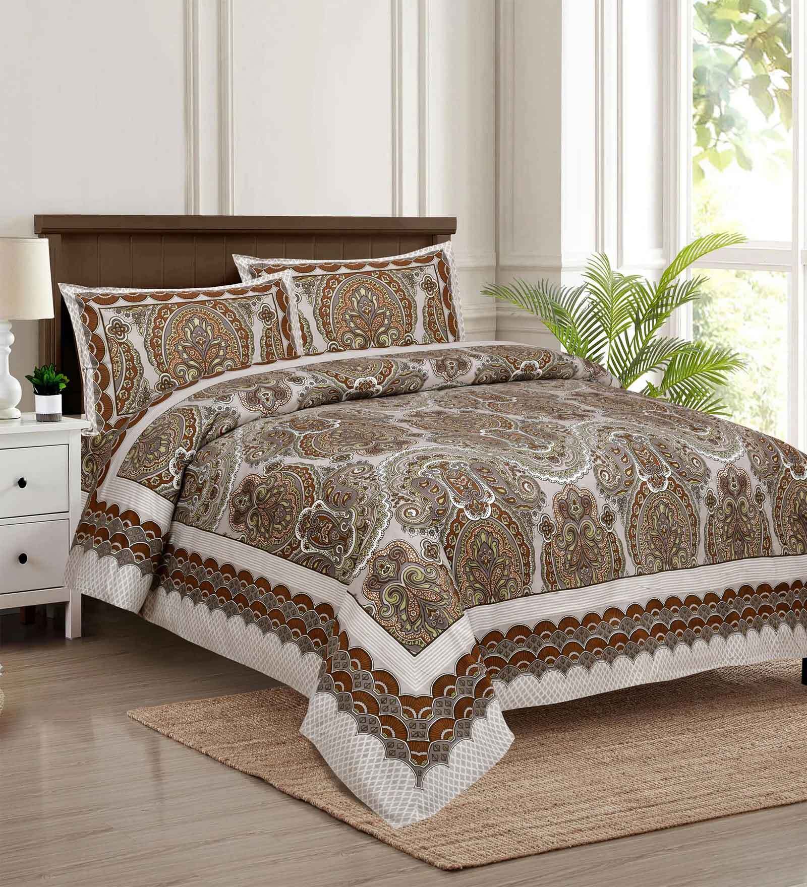 Brown Traditional 144 TC Cotton King Sized Bed Sheets with 2 Pillow Covers