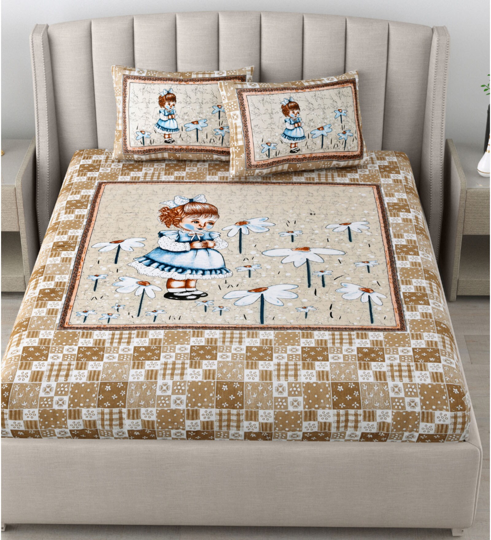 Brown Traditional 180 TC Cotton Printed Bedsheet With Two Pillow Covers For Queen Bed (Doll Printed ,Brown ,153 GSM) Brown Traditional 180 TC Cotton Printed Bedsheet With Two Pillow Covers For Queen Bed (Doll Printed ,Brown ,153 GSM)