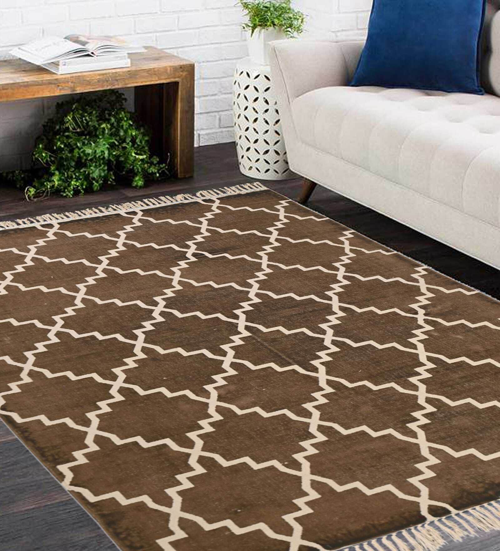 Brown Abstract Cotton 4 Ft X 6 Ft Hand Woven Hand Printed Rug