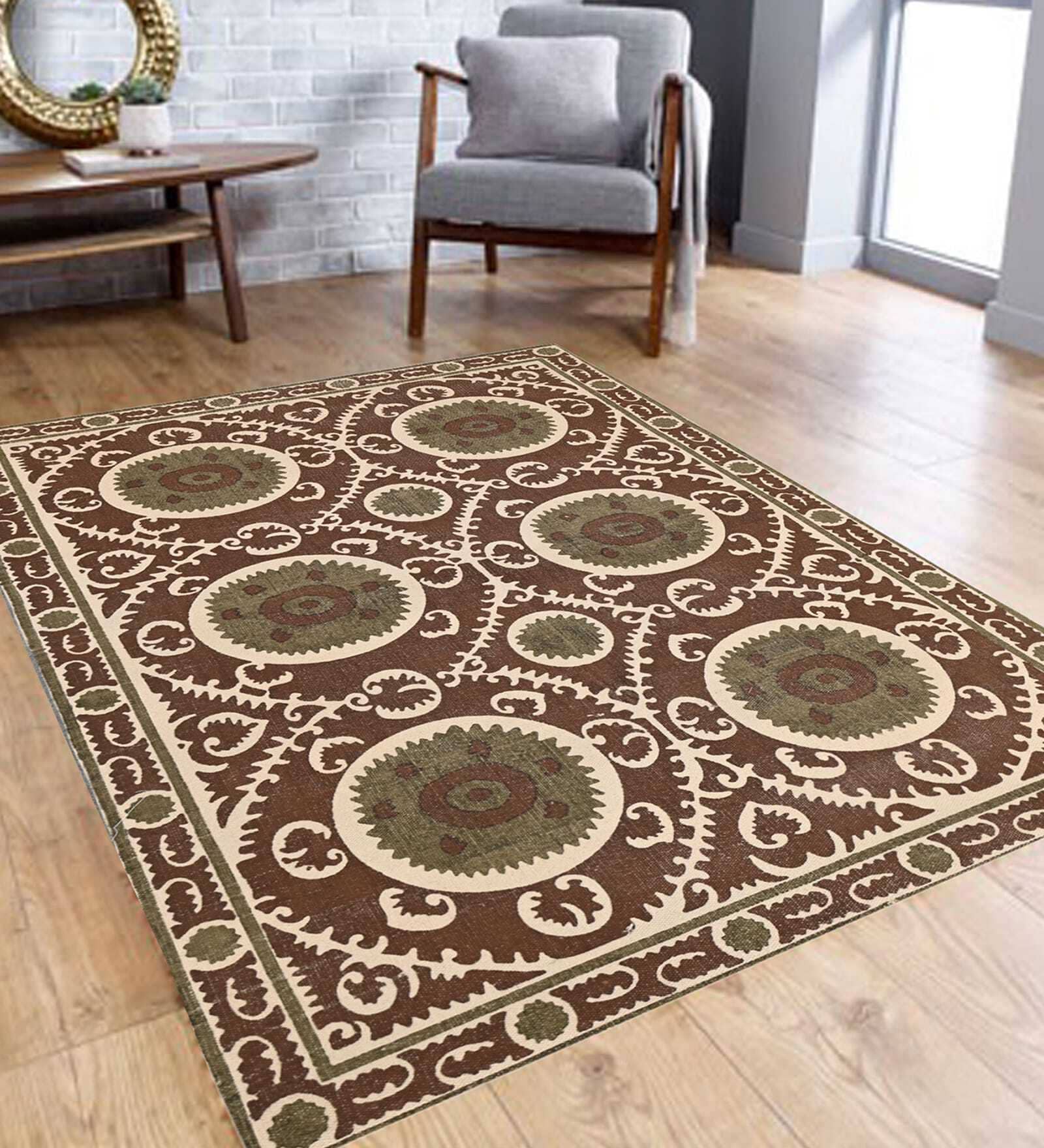 Brown Traditional Cotton 4 ft X 6 ft Hand Woven Hand Printed Rug
