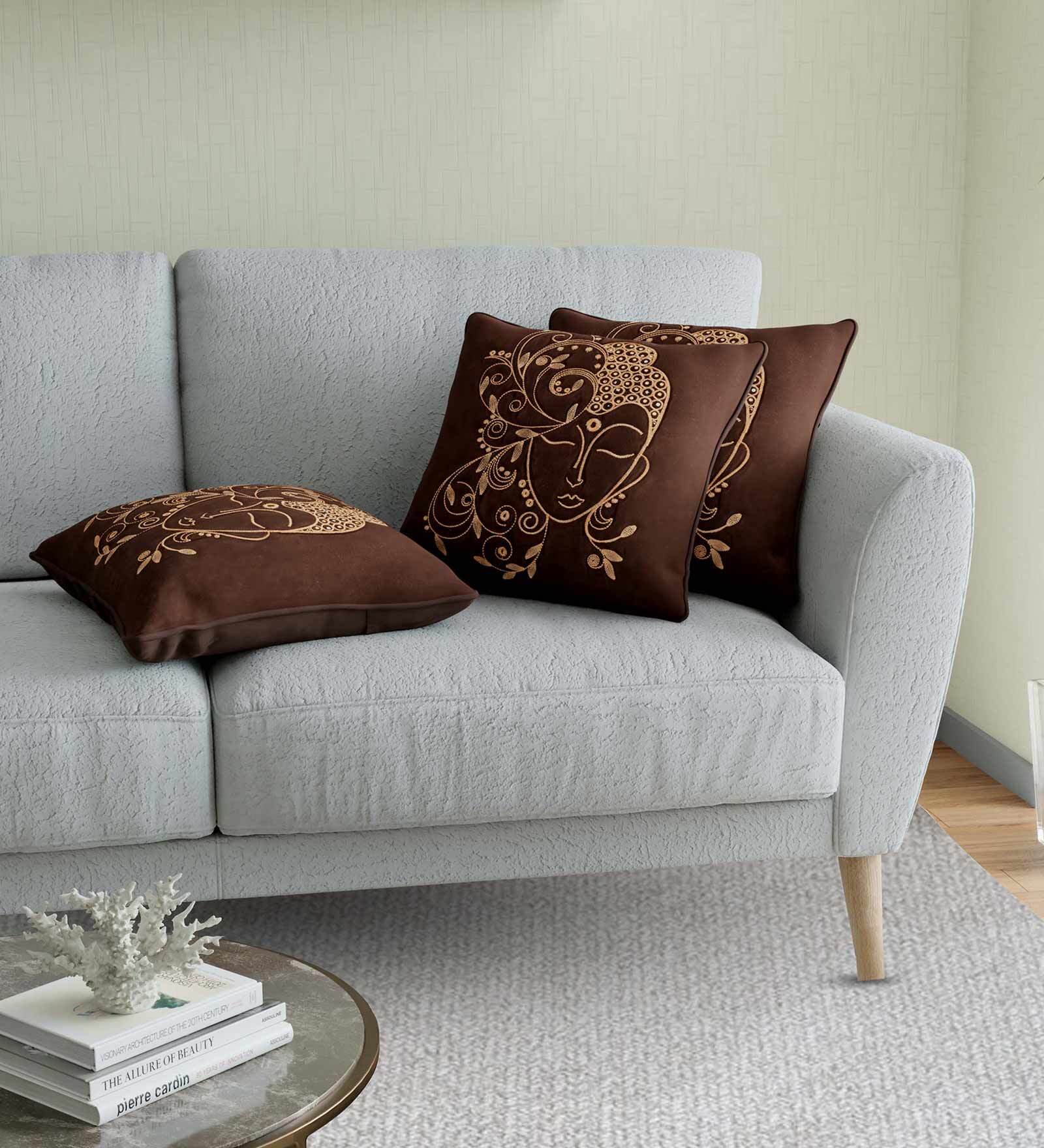Buy Brown Traditional Cotton 16 x 16 Inches Embroidered Cushion Cover