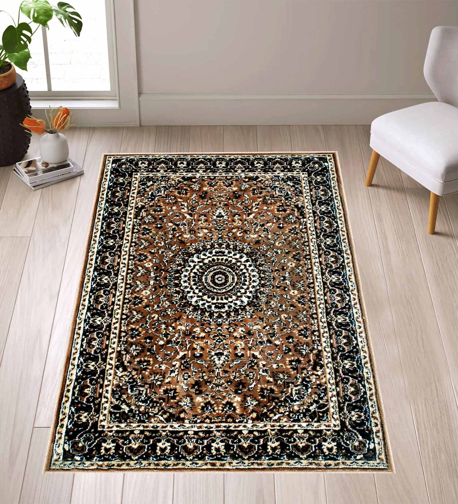 Brown Traditional Polyester 3 ft x 5 ft Machine Made Carpet