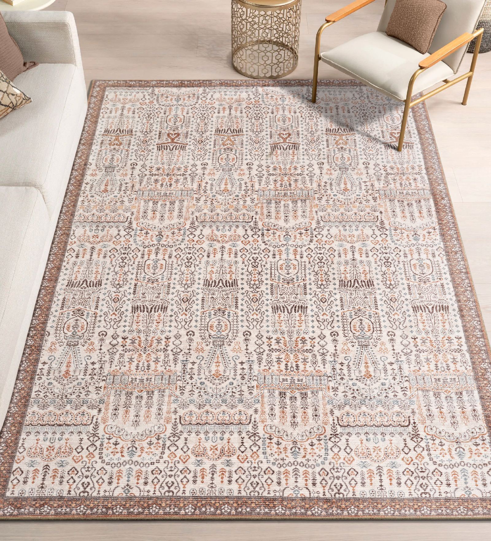 Brown Traditional Polyester 5 ft x 7 ft Machine Made Carpet