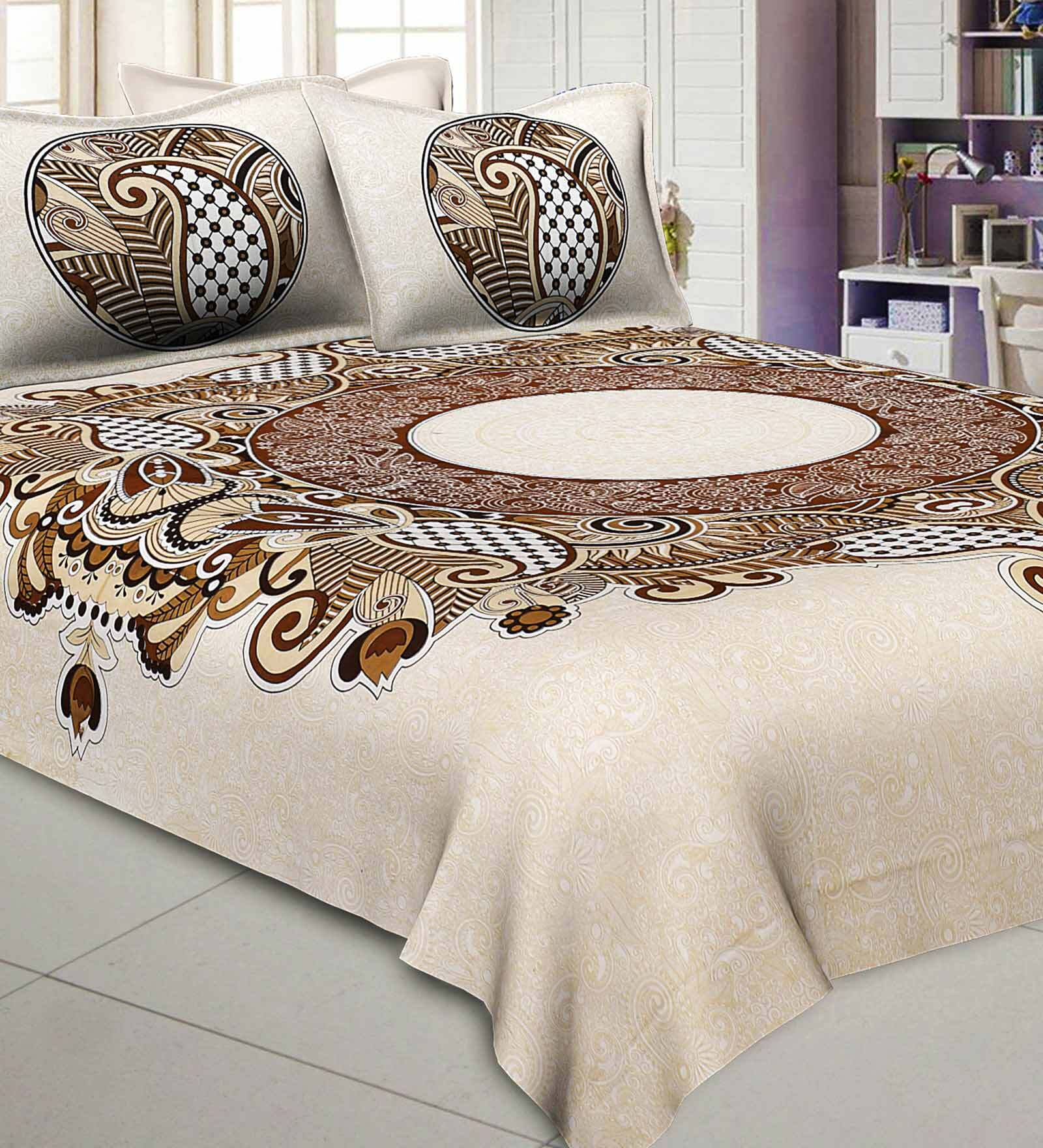 Buy Brown Traditional TC 280 Cotton Double Bed Sheet With 2 Pillow ...