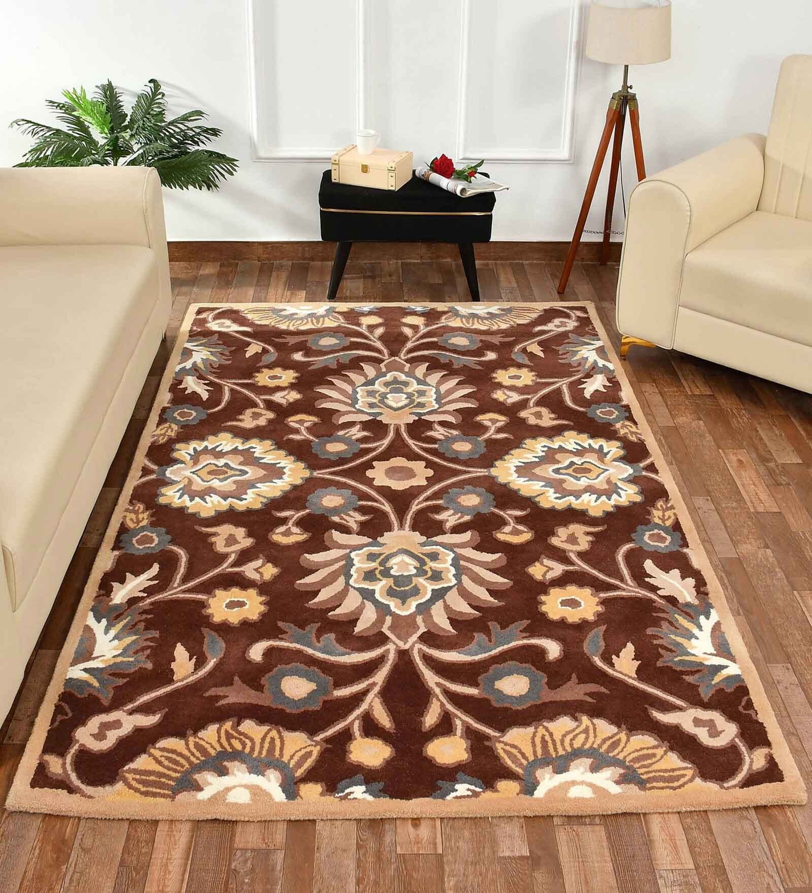 Brown Traditional Wool 5 ft x 7 ft Hand Tufted Carpet