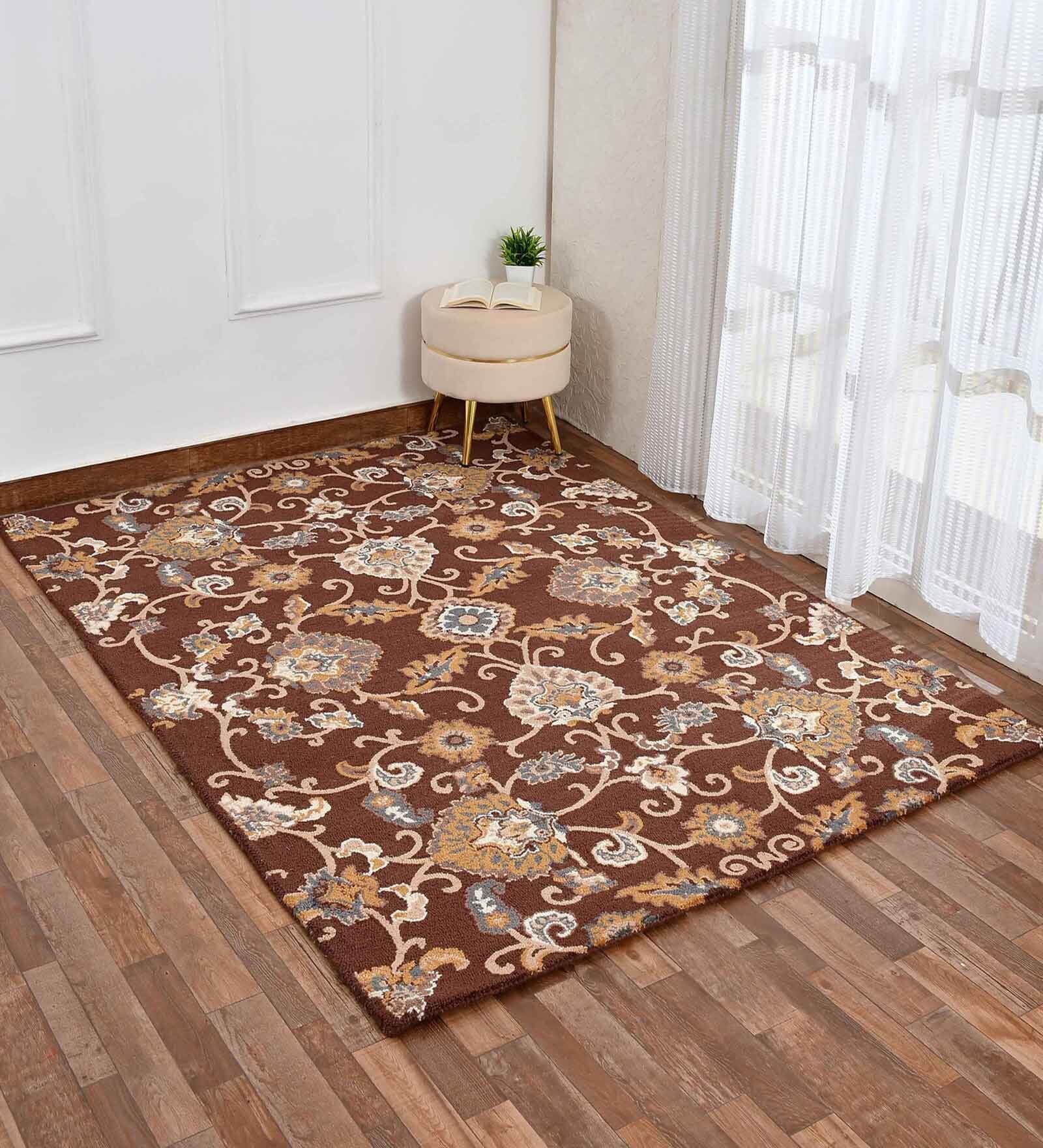 Brown Traditional Wool 8 ft x 10 ft Hand Tufted Carpet