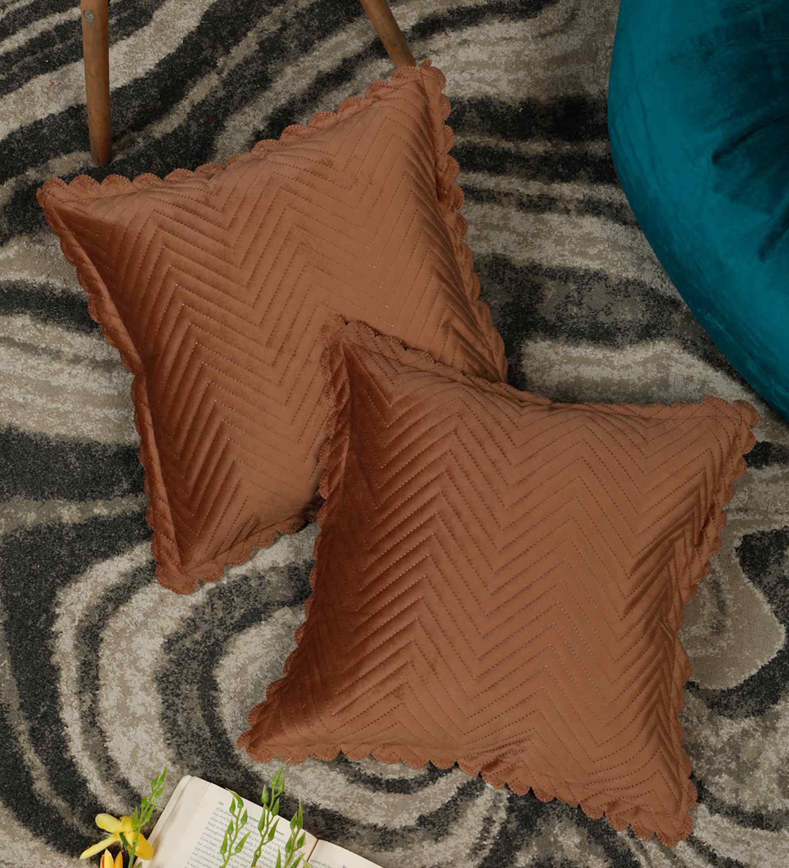 Brown Velvet Abstract 16X16 Inches Cushion Covers (Pack of 2)