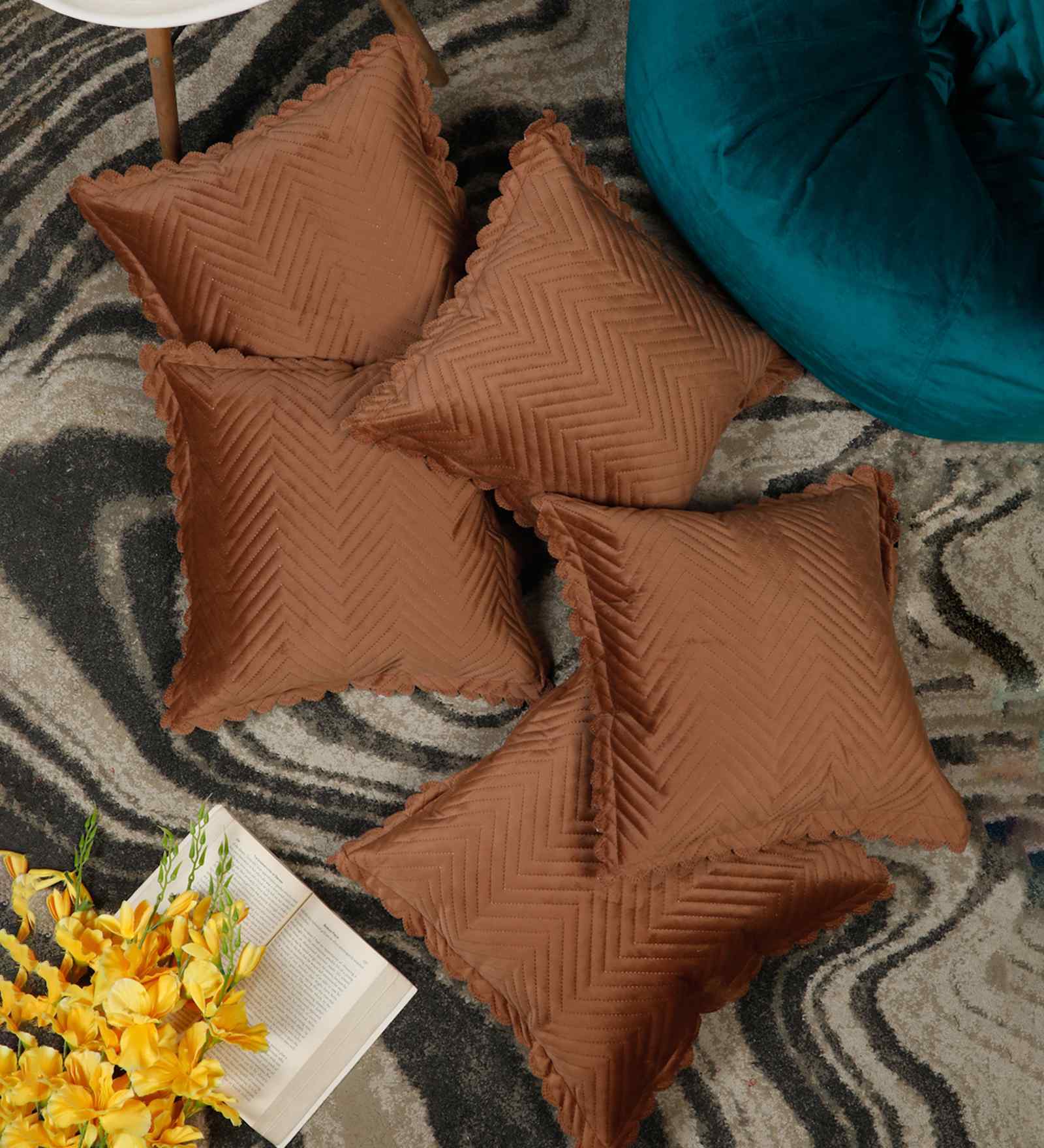Brown Velvet Abstract 16X16 Inches Cushion Covers (5Pcs)