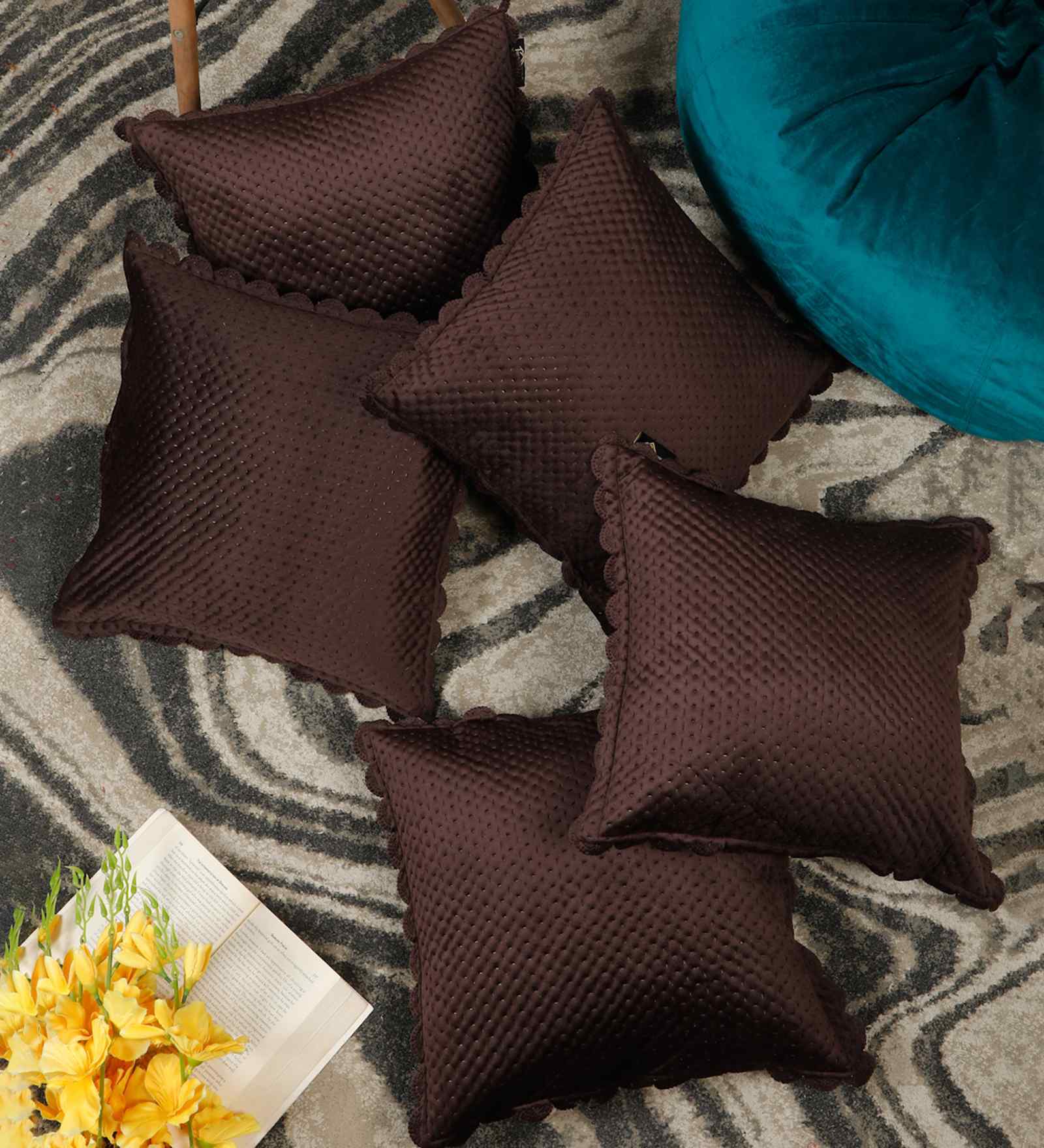 Brown Velvet Abstract 16X16 Inches Cushion Covers (Pack of 5)