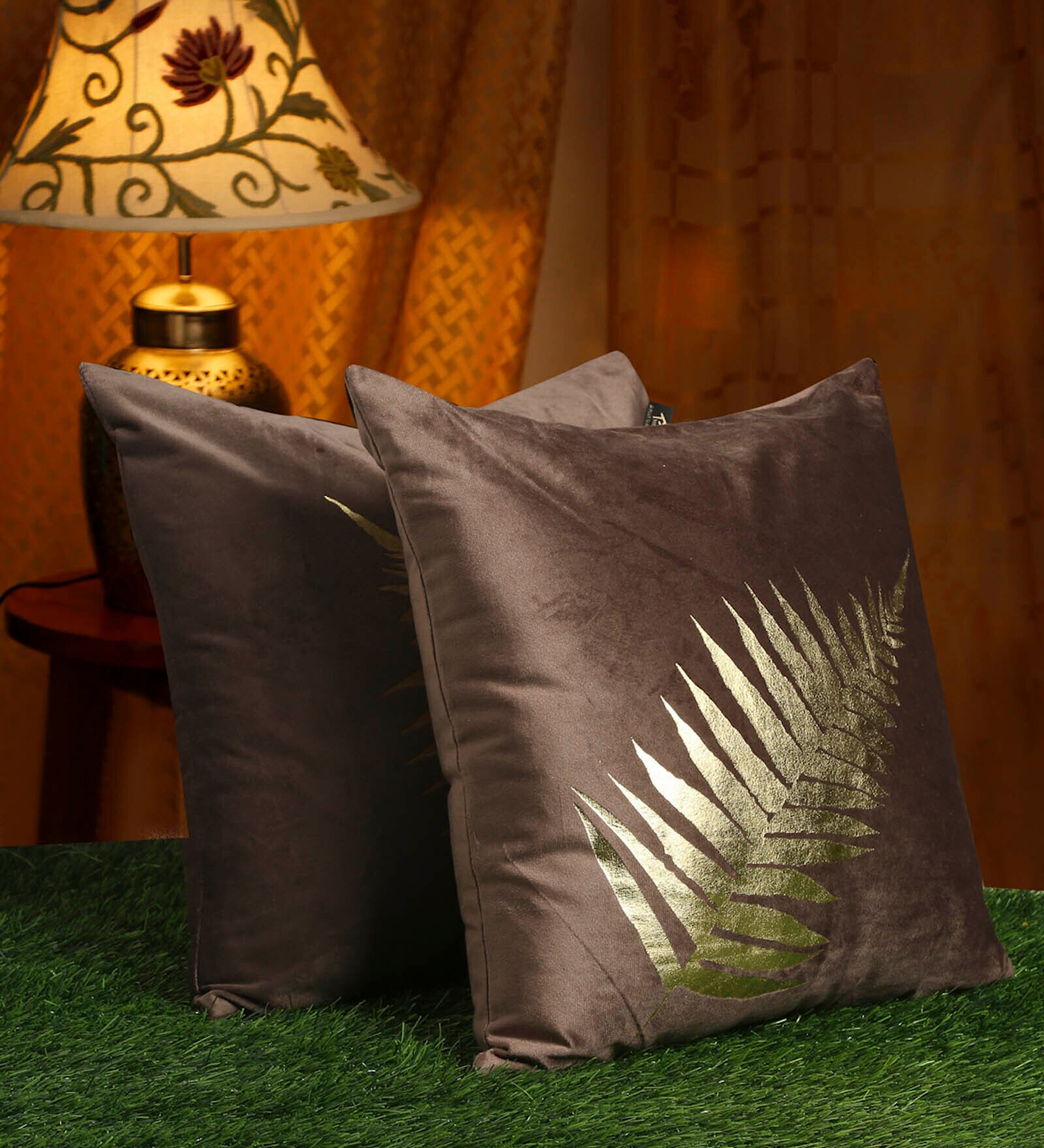 Brown Floral Leaf Velvet 16 x 16 Inches Cushion Covers (Set of 2)