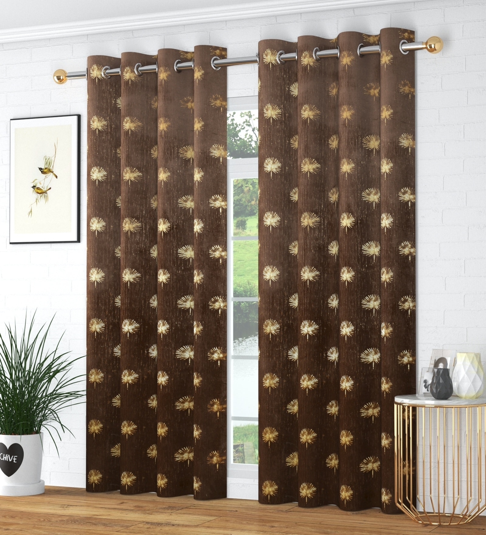 Brown Velvet Abstract 7 Foot Ring Top Door Curtain