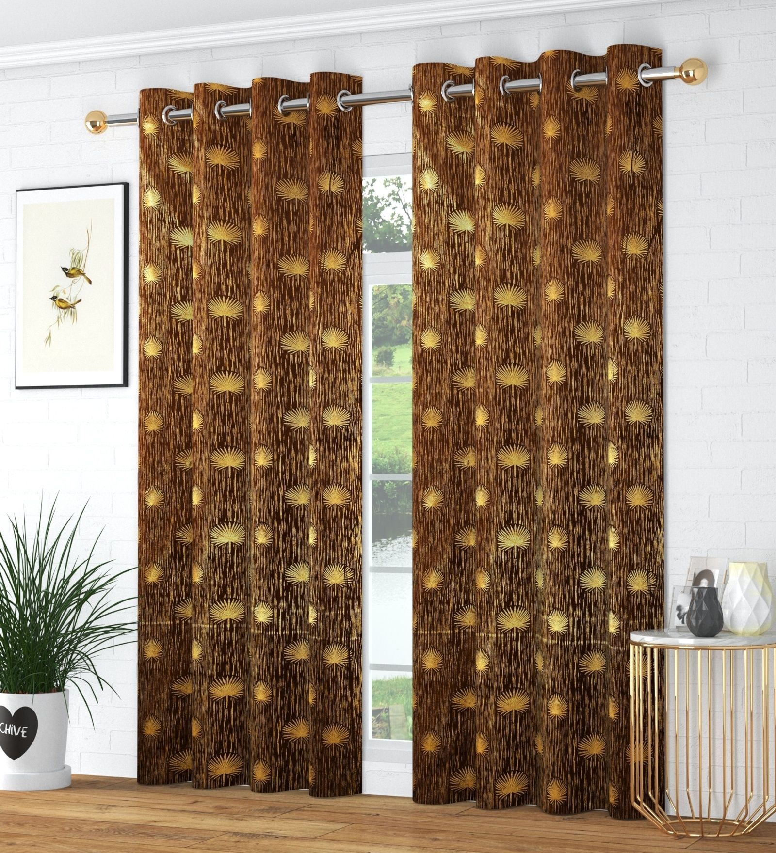 Brown Velvet Abstract 7 Foot Ring Top Door Curtain