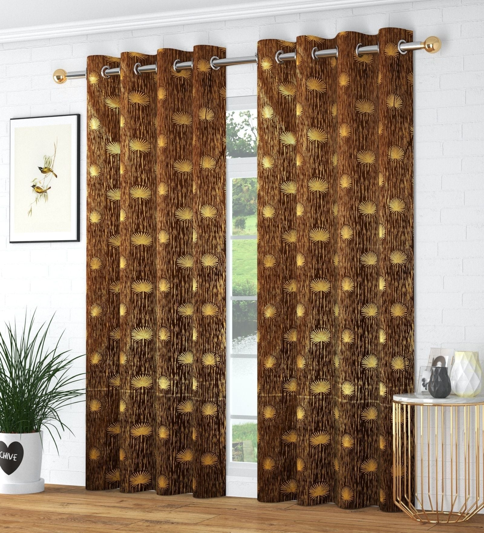 Brown Velvet Abstract 7 Foot Ring Top Door Curtains Set Of 2