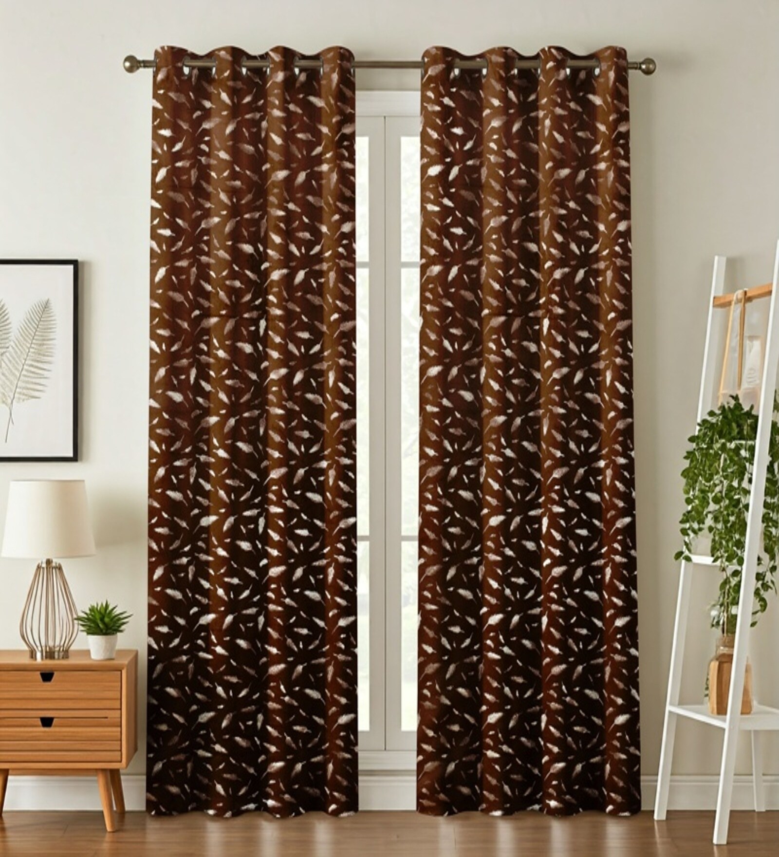 Brown Velvet Feather 9Ft Ring Top Long Door Curtains Pack of  2