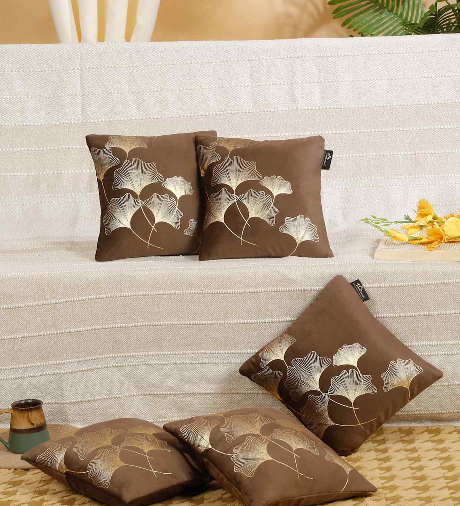 Brown Velvet Floral 12X12 Inches Cushion Covers (Pack of 5)