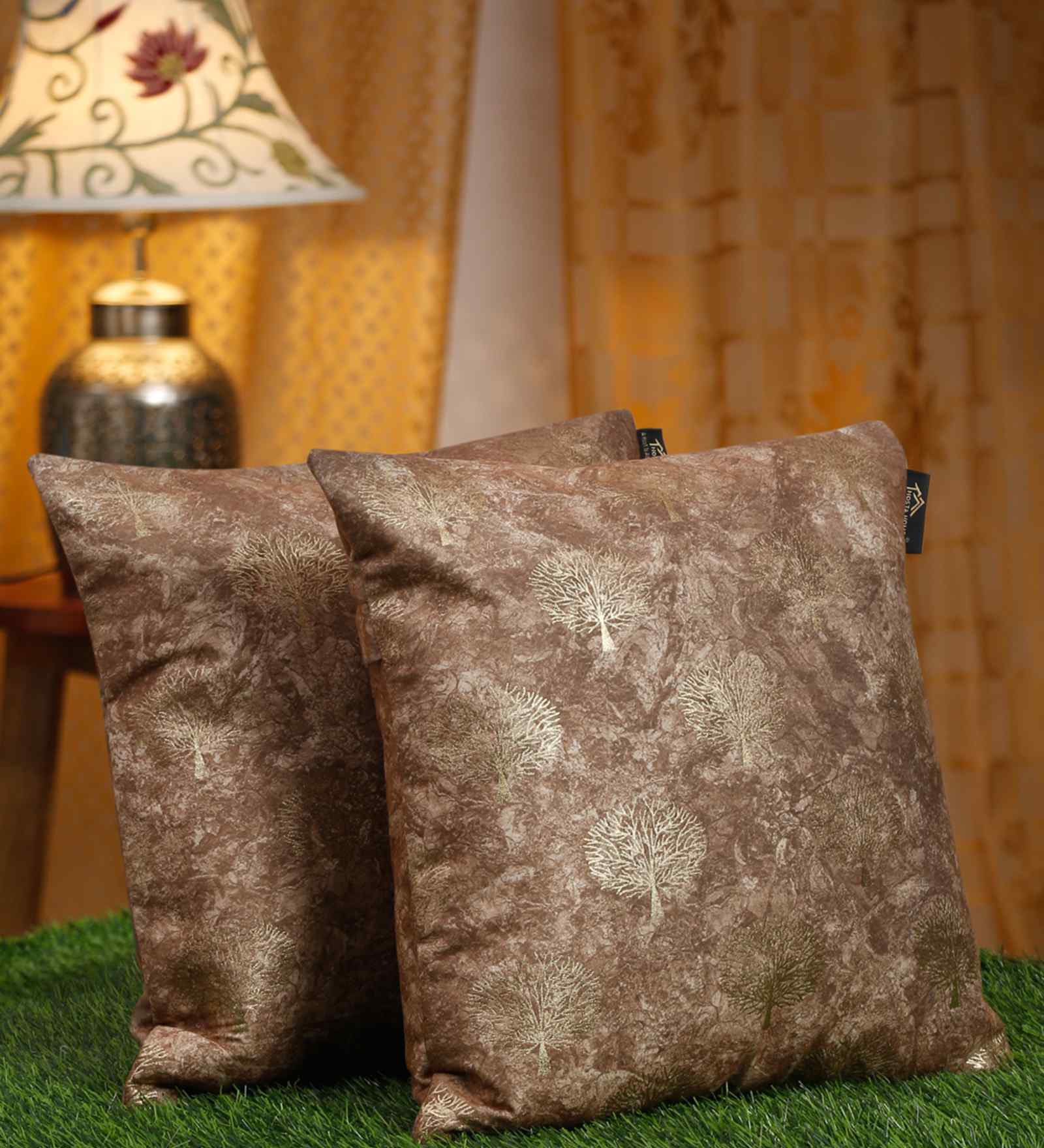 Brown Velvet Floral 16X16 Inches Cushion Covers (Pack of 2)