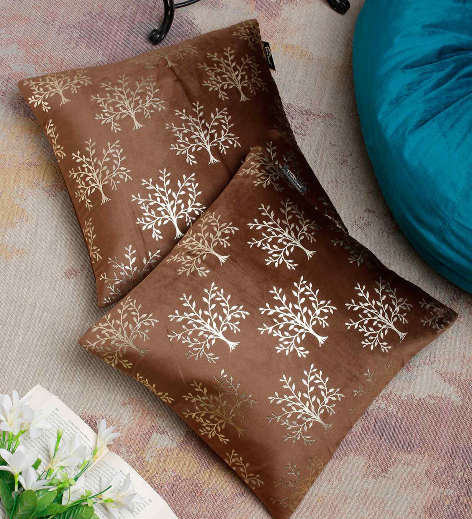 Brown Velvet Floral 16X16 Inches Cushion Covers (Pack of 2)