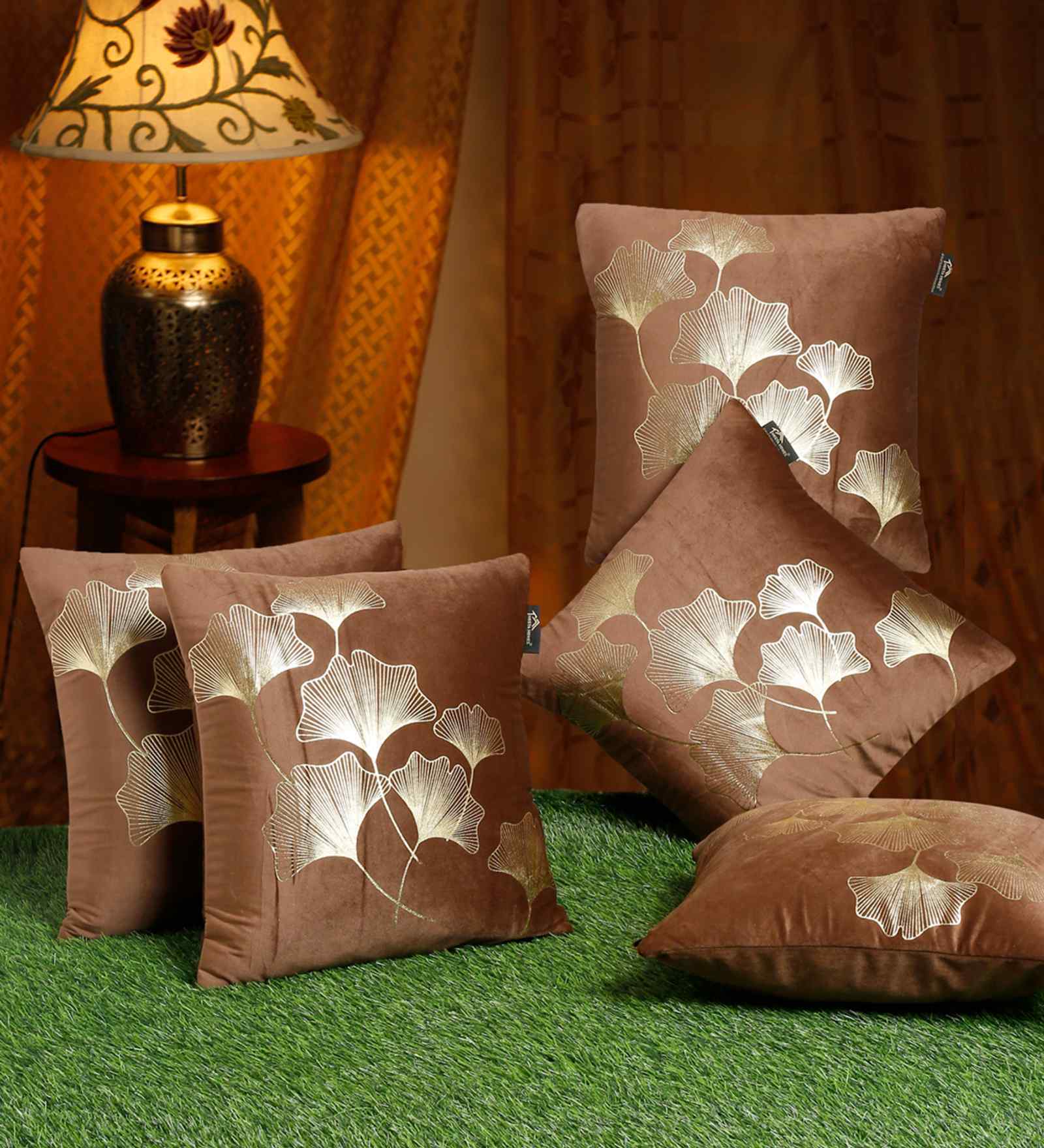 Brown Velvet Floral 16X16 Inches Cushion Covers (Pack of 5)