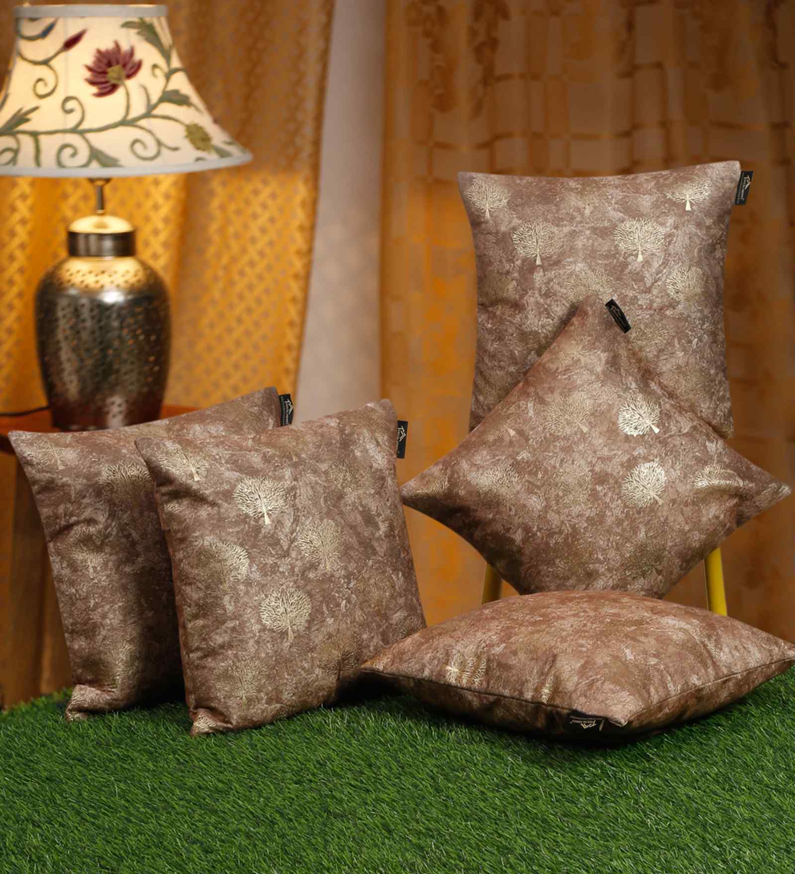 Brown Velvet Floral 16X16 Inches Cushion Covers (5Pcs)