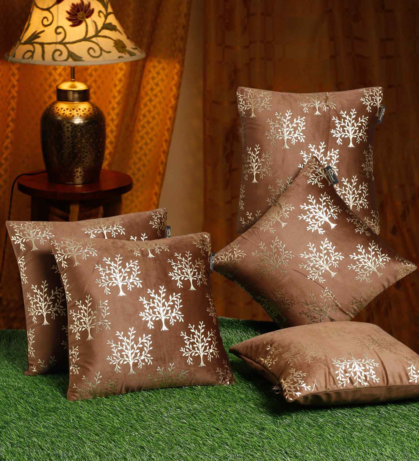 Brown Velvet Floral 16X16 Inches Cushion Covers (Pack of 5)