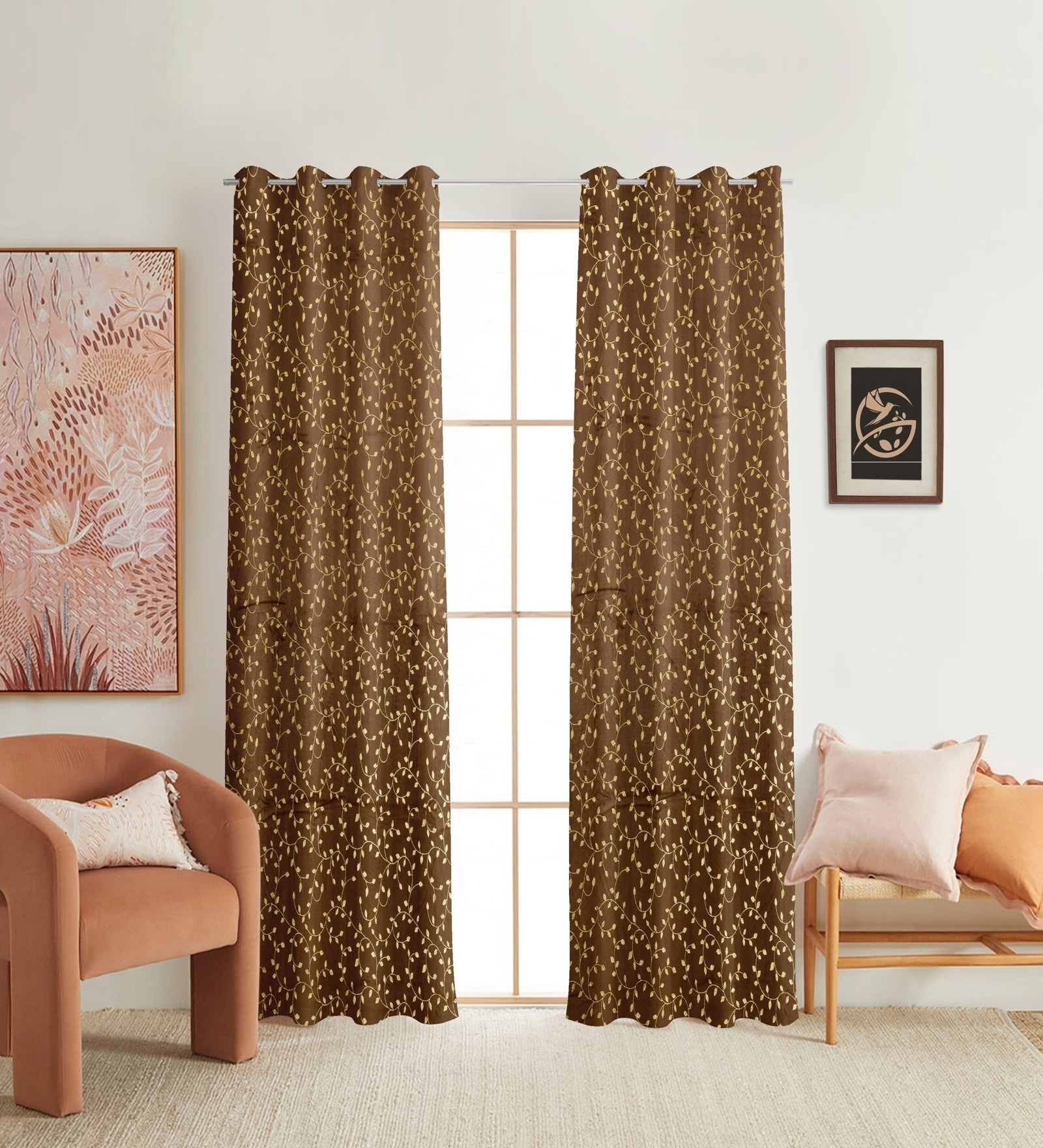 Brown Velvet Floral 5 Foot Ring Top Window Curtain
