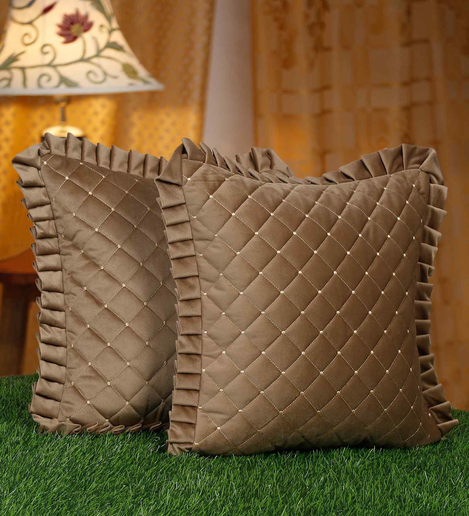 Brown Velvet Geometric 16X16 Inches Cushion Covers (Pack of 2)