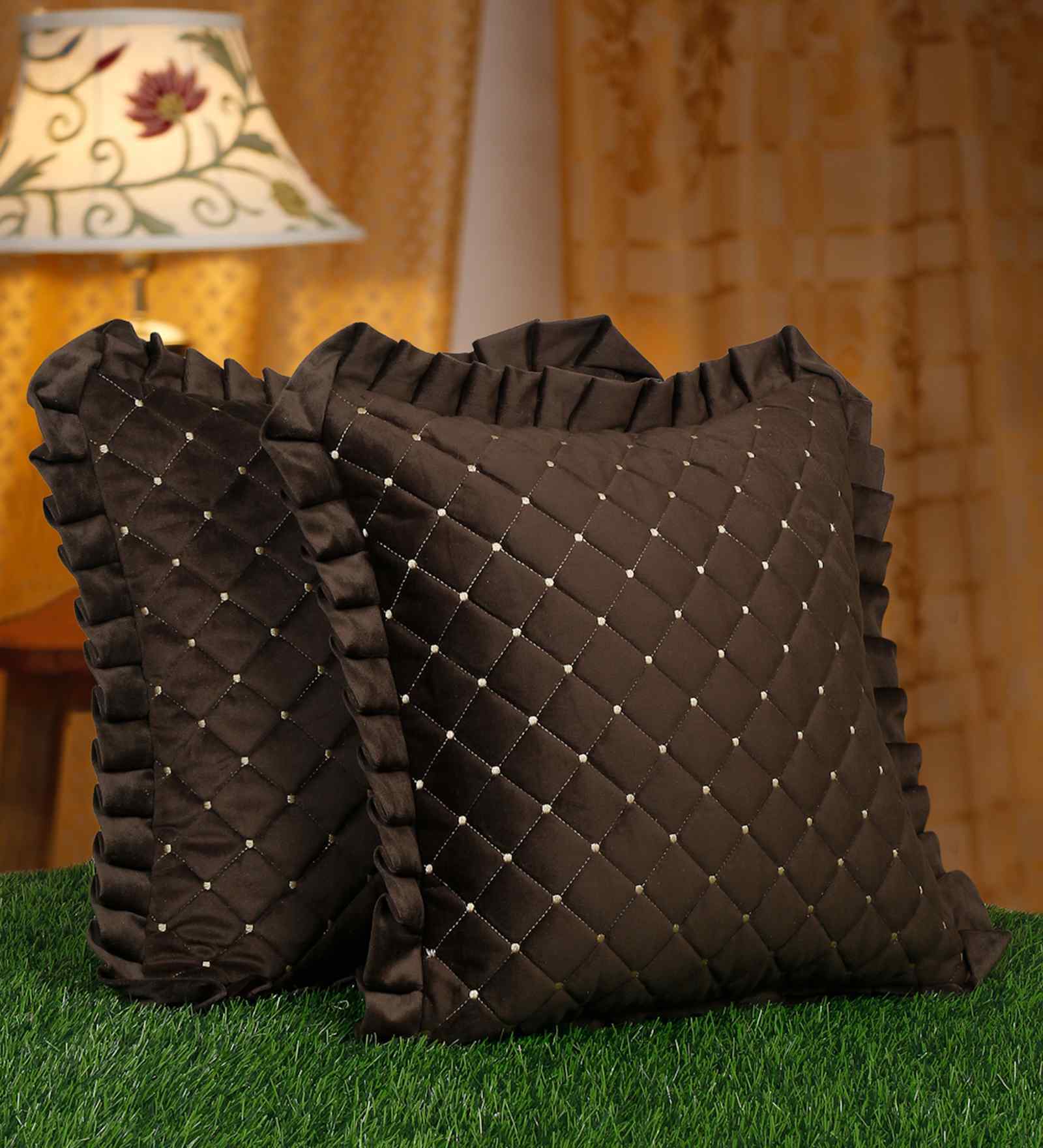 Brown Velvet Geometric 16X16 Inches Cushion Covers (Pack of 2)