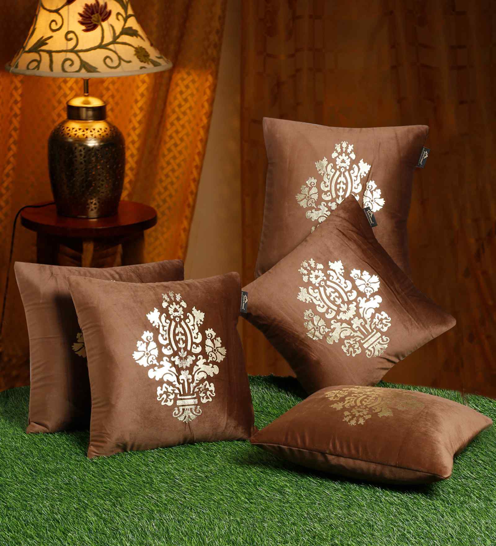 Brown Velvet Geometric 16X16 Inches Cushion Covers (Pack of 5)