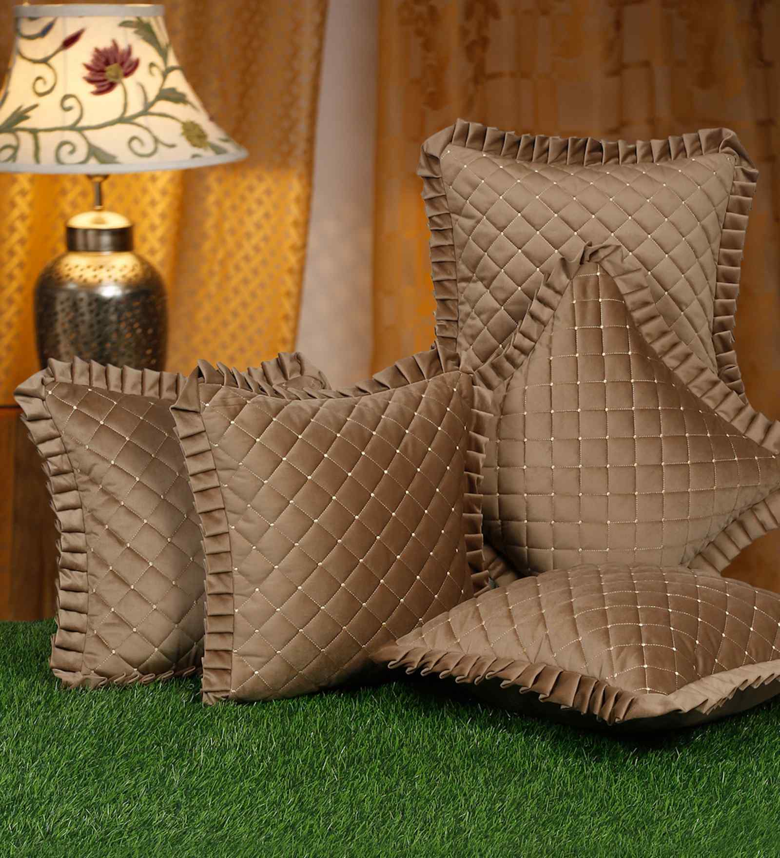 Brown Velvet Geometric 16X16 Inches Cushion Covers (Pack of 5)