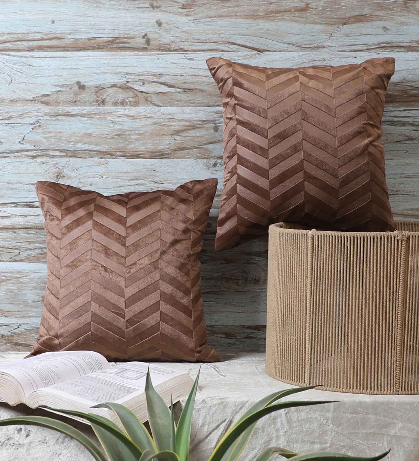 Brown Velvet Geometric 16x16 inches Cushion Covers (Pack of 2)