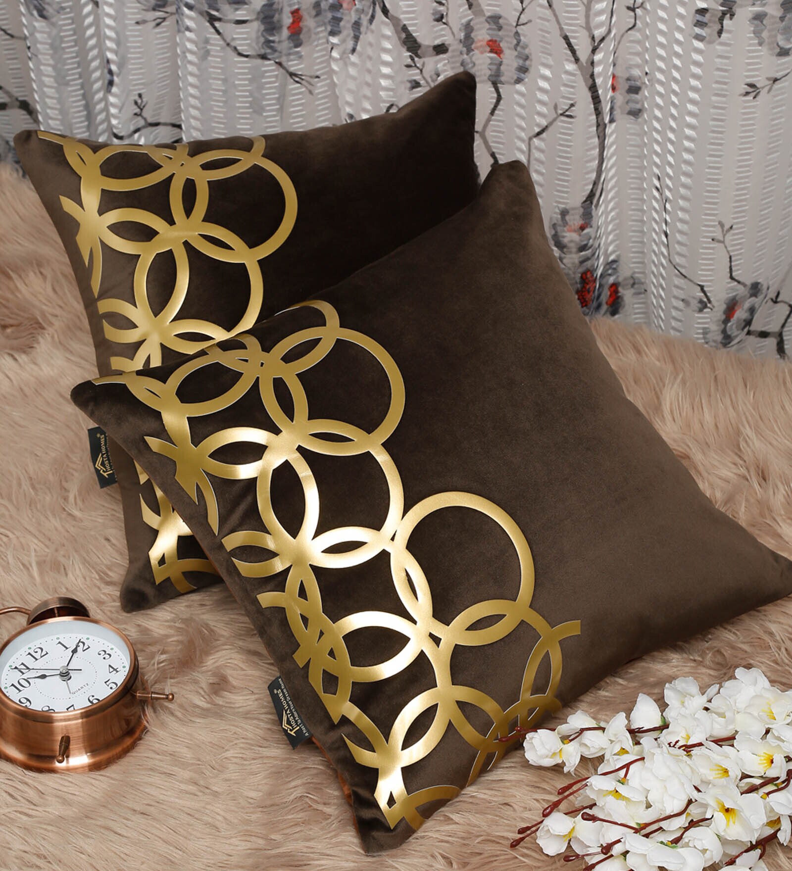 Brown Geometric Velvet 16 x 16 Inches Cushion Covers (Set of 2)