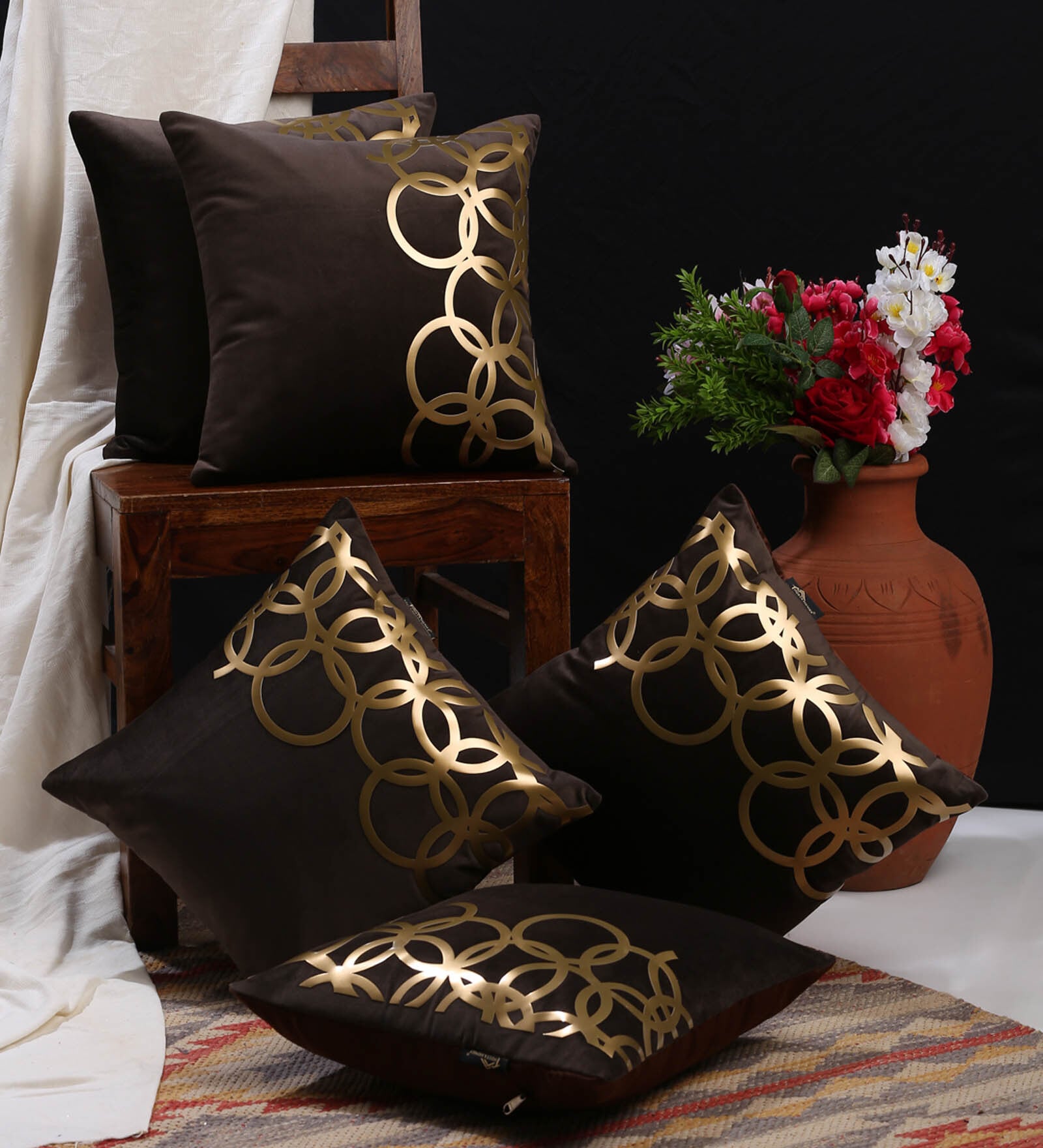 Brown Geometric Velvet 16 x 16 Inches Cushion Covers (Set of 5)