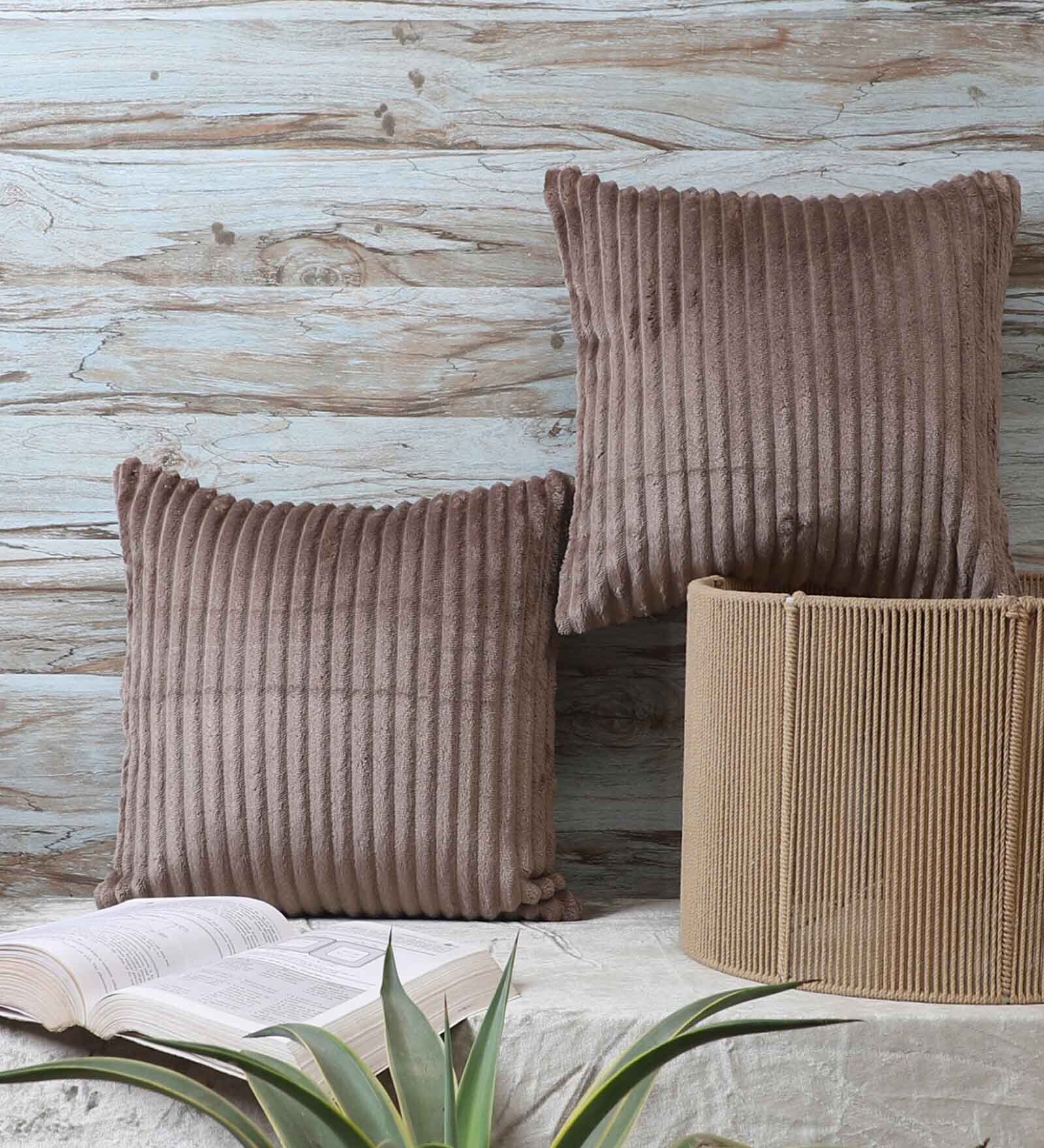 Brown Velvet Striped 16x16 inches Cushion Covers (Pack of 2)
