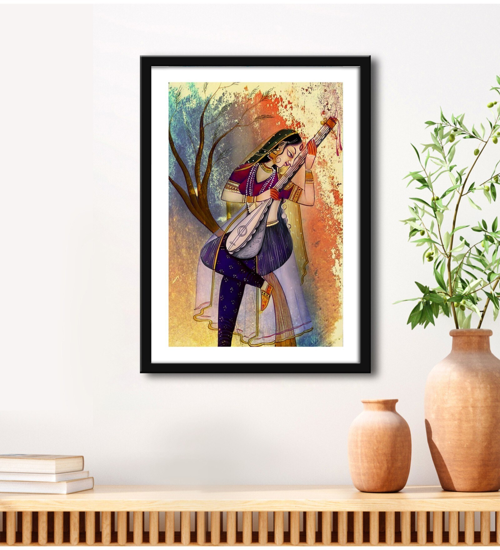 Mughal Lady Playing Veena Brown Vinyl Painting