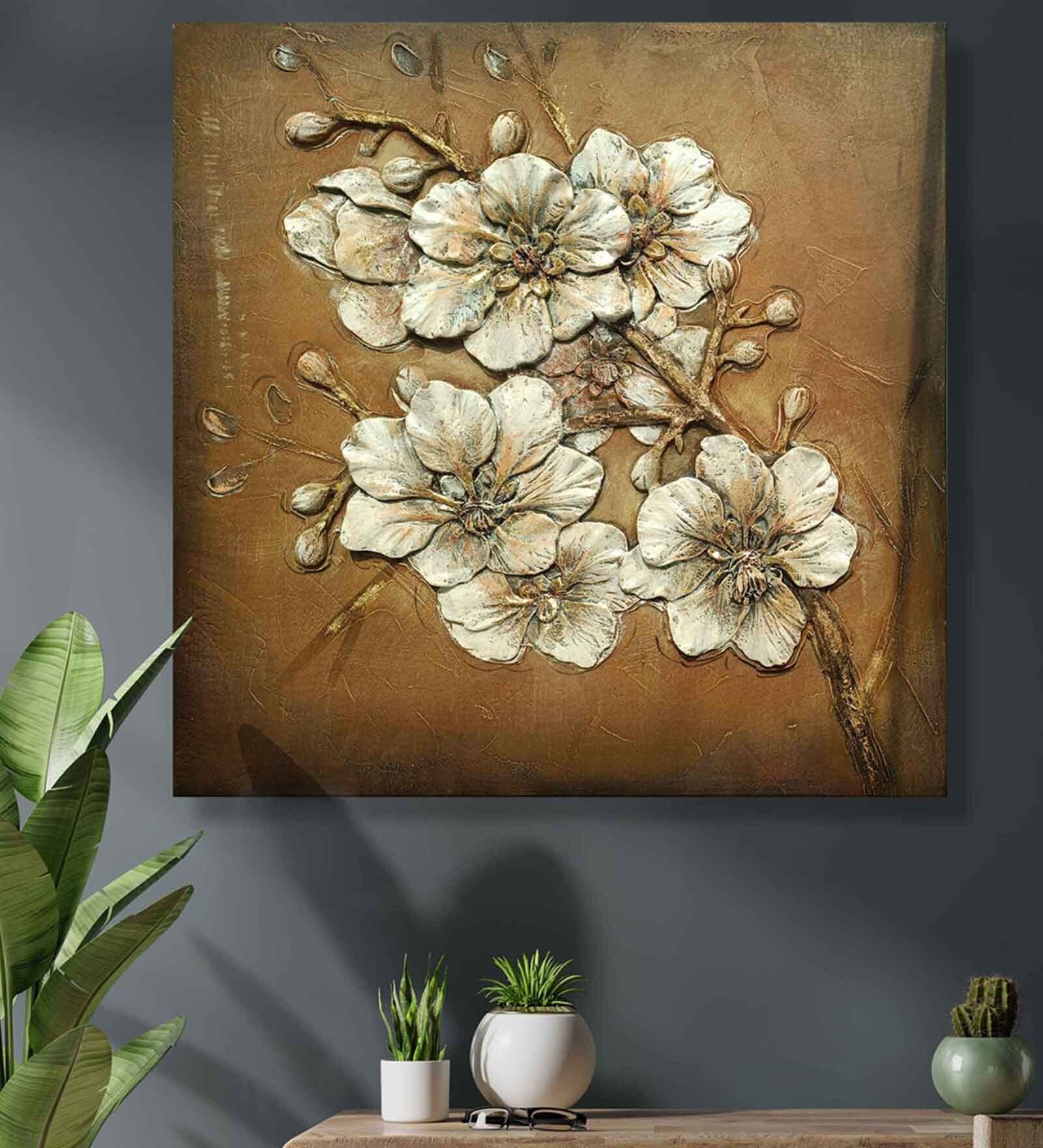 Brown White Floral Wall Painting Embossed Original Painting On Canvas