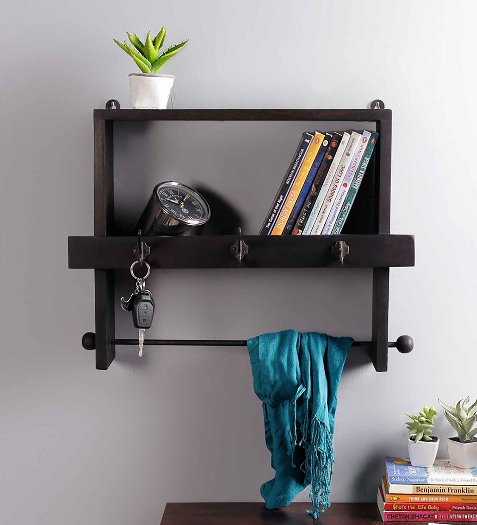 Mango Wood Floating Book Shelf With In Brown Colour Key Holder