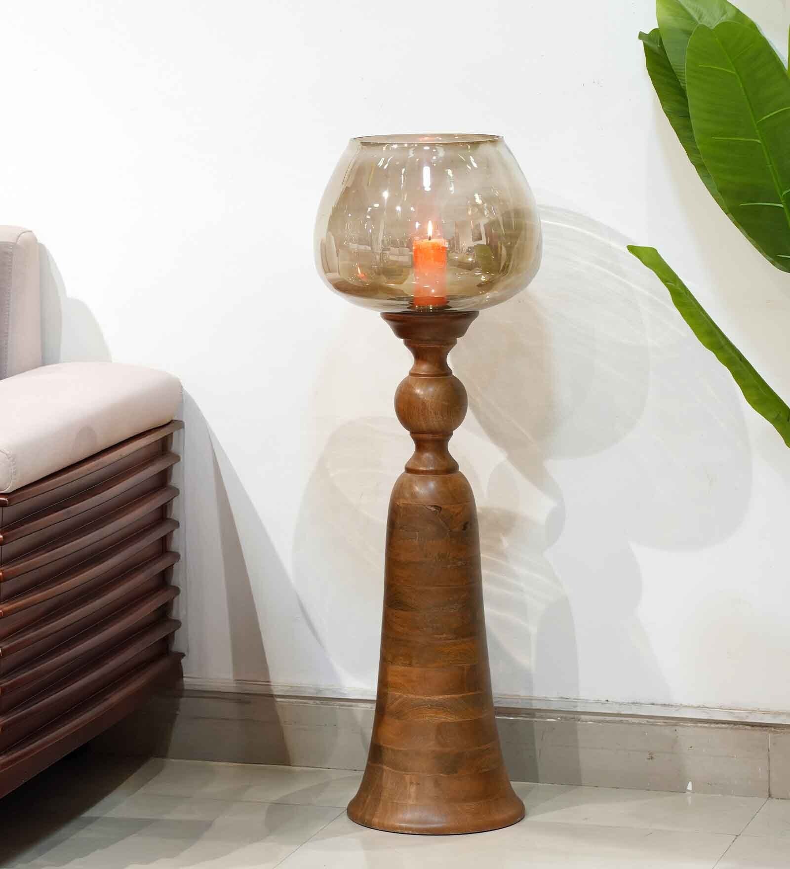 Brown Wood & Metal 3 Glass Lotus Candle Holder Set of 1