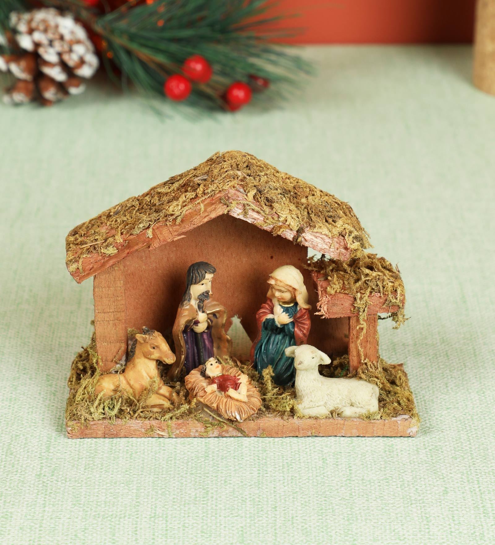 Brown Wood Christmas Nativity Crib Set