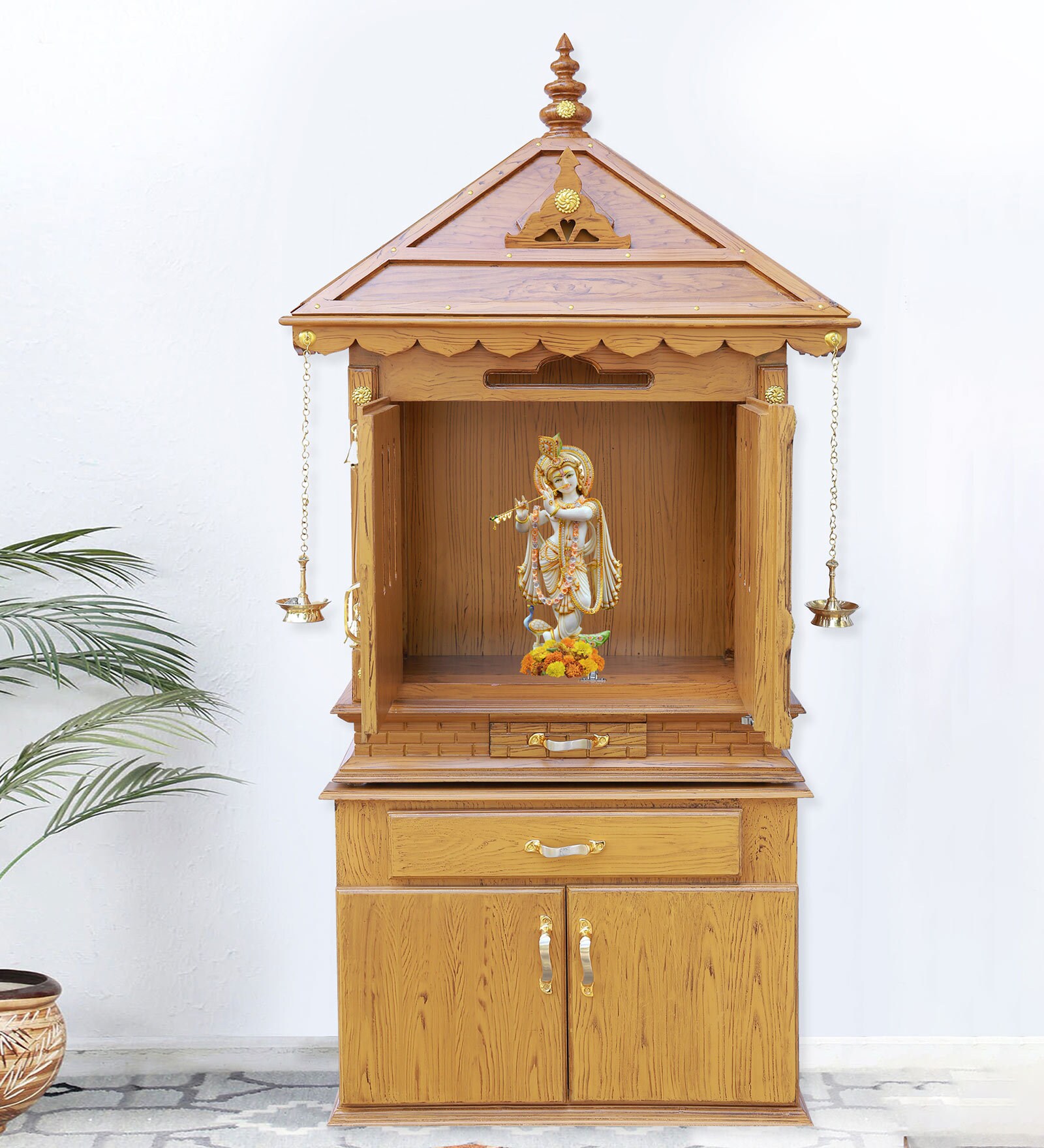 Brown Teak Wood Floor Rested Mandir With Door