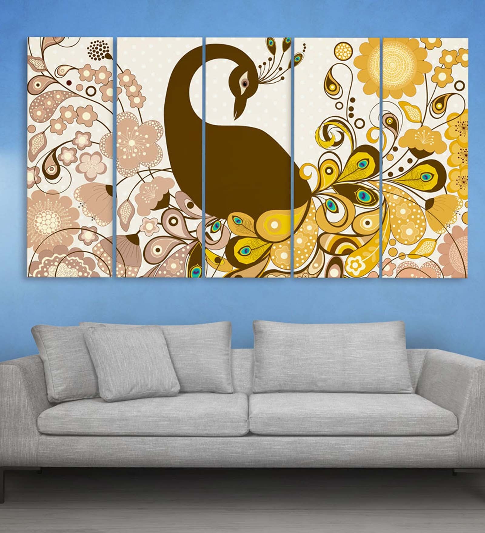 Brown Wood Multiple Frames Beautiful Peacock Art Panels